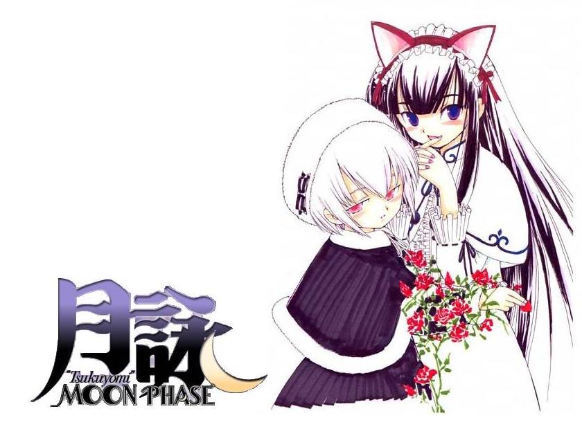 artemis, artemis (tsukuyomi), hazuki (tsukuyomi), tsukuyomi moonphase, silver hair, 00s, 2girls, animal ears, blunt bangs, blush, capelet, cat ears, crescent, finger to mouth, flower, gothic lolita, hat, holding hands, interlocked fingers, lolita fashion, long hair, multiple girls, red eyes, rose, short hair, simple background, sketch, very long hair