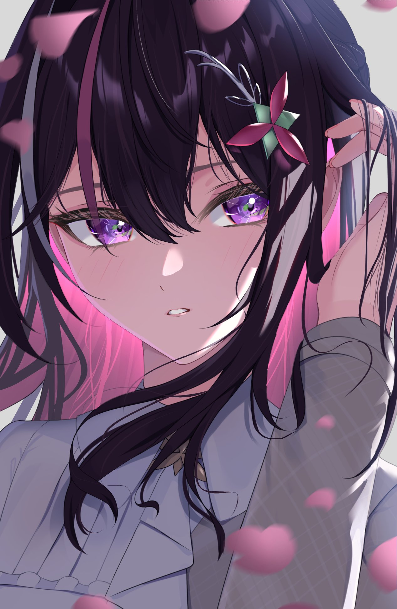 nmhdtnr1, azki (4th costume) (hololive), azki (hololive), hololive, highres, 1girl, black hair, colored inner hair, double-parted bangs, falling petals, hair ornament, hand in own hair, long hair, multicolored hair, parted lips, petals, pink hair, pink petals, purple eyes, solo, upper body, virtual youtuber