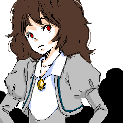 rue (princess tutu), princess tutu, lowres, 00s, 1girl, brown hair, female focus, frown, hands on own hips, jewelry, long hair, necklace, oekaki, pendant, red eyes, school uniform, serafuku, solo