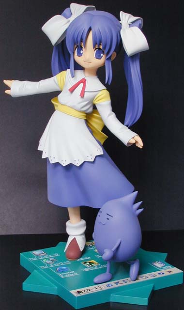 zan, sakura (ukagaka), unyuu, ukagaka, photo (medium), 1girl, blue eyes, blue hair, blue skirt, female focus, figure, hair ribbon, long hair, long sleeves, monster, red ribbon, ribbon, sash, shirt, skirt, sleeves past wrists, smile, solo, twintails, white shirt, yellow ribbon