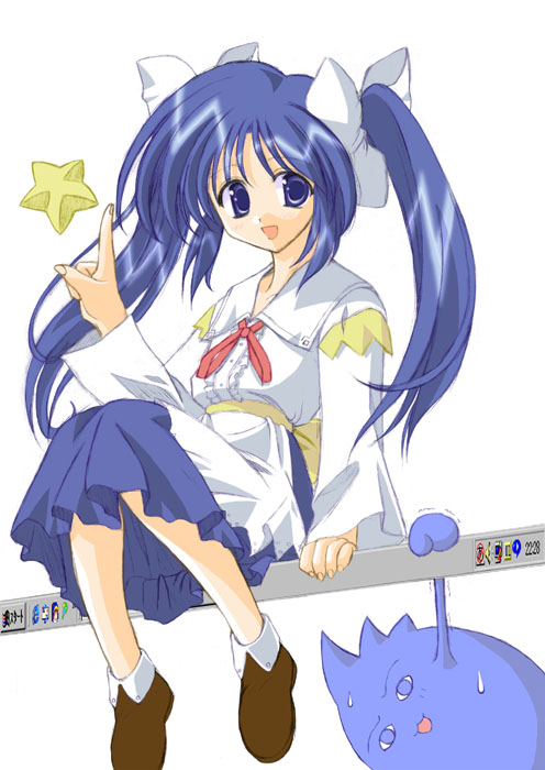 sakura (ukagaka), unyuu, microsoft windows, ukagaka, windows 98, windows classic, 1girl, arm support, blue eyes, blue hair, female focus, hanging, looking at viewer, matching hair/eyes, pointing, ribbon, sitting, skirt, smile, solo, star (symbol), sweatdrop, trembling, twintails