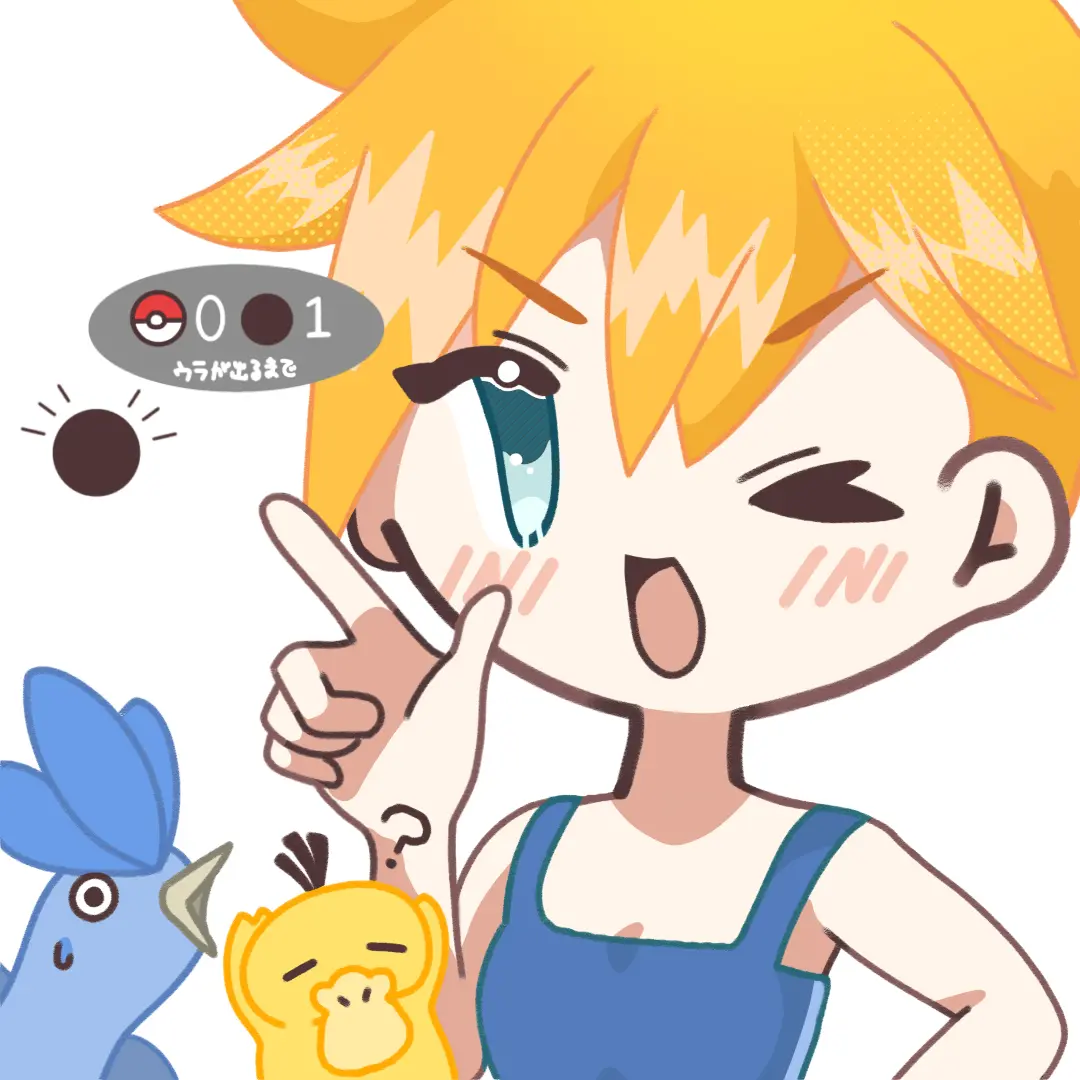 articuno, misty (pokemon), psyduck, nintendo, pokemon, pokemon (anime), pokemon (classic anime), pokemon frlg, pokemon rgby, 1girl, ;d, ?, animal, asymmetrical hair, blonde hair, blue eyes, blue shirt, blue tank top, blush, breasts, chibi, gen 1 pokemon, hair between eyes, hand on own hip, hand up, index finger raised, legendary pokemon, looking at viewer, one eye closed, open mouth, orange hair, poke ball, ponytail, shirt, short hair, side ponytail, sleeveless, sleeveless shirt, smile, tank top, upper body, wink