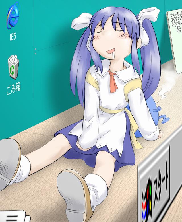 sakura (ukagaka), unyuu, microsoft windows, ukagaka, windows 98, windows classic, back-to-back, blue hair, sleeping, solo, twintails