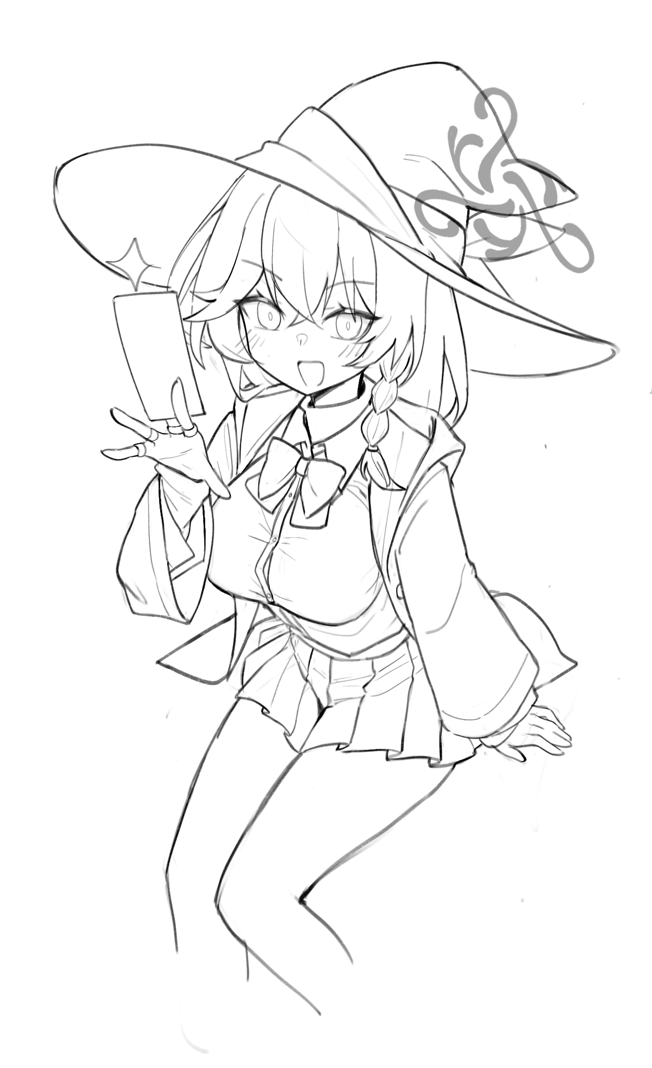 eri (blue archive), blue archive, bow, bowtie, braid, card, halo, hat, holding, holding card, jacket, long coat, long hair, orange eyes, shirt, sketch, skirt, sweater, white hair, witch hat