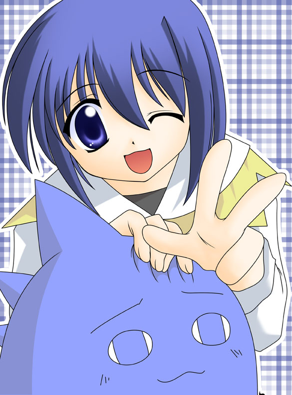 mikage sakura, sakura (ukagaka), unyuu, ukagaka, 1girl, :3, blue eyes, creature, female focus, looking at viewer, one eye closed, purple hair, short hair, solo, v
