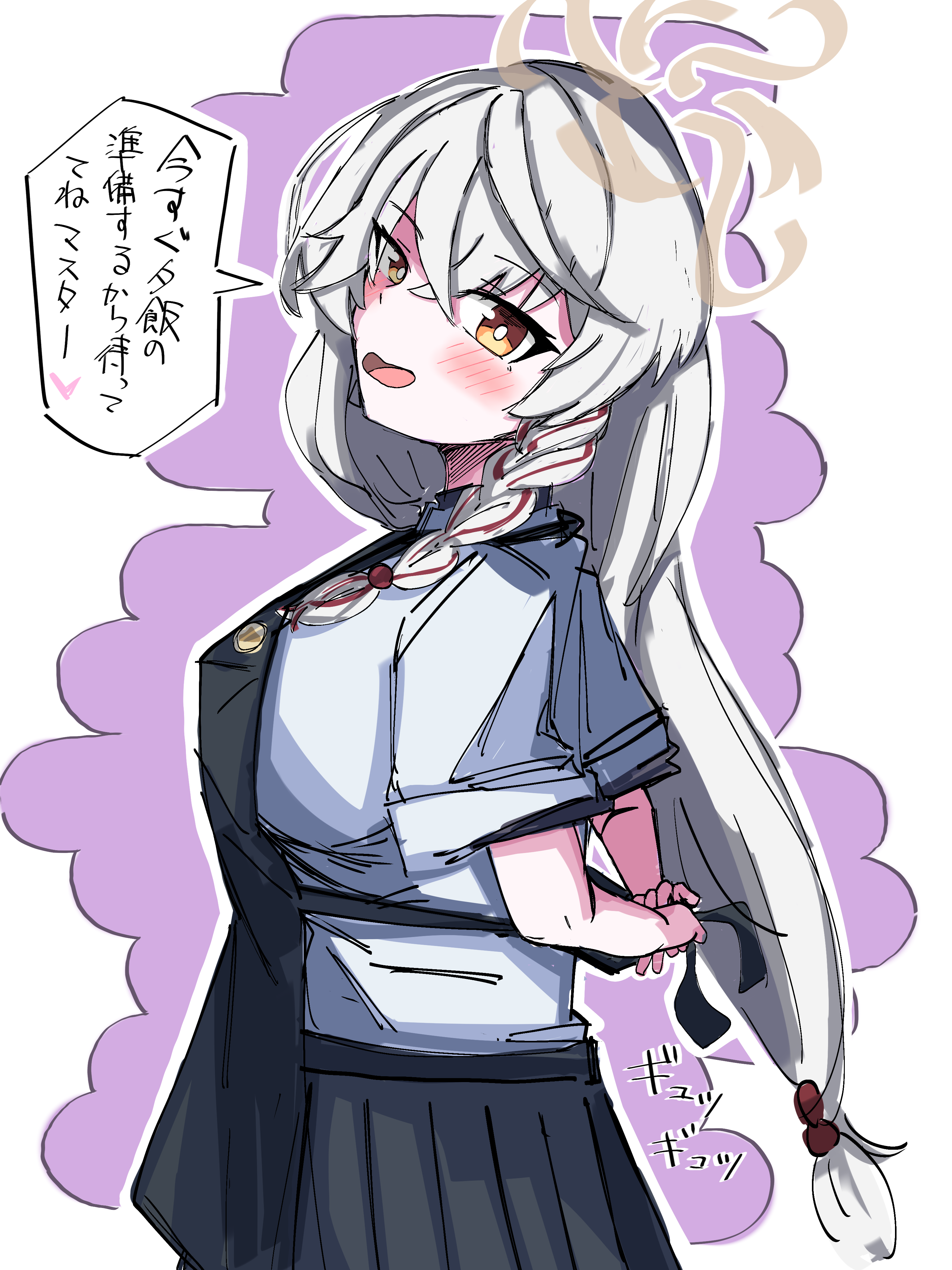 eri (blue archive), blue archive, apron, bow, bowtie, braid, halo, long hair, looking back, orange eyes, shirt, tying apron, white hair