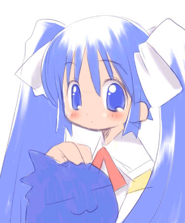 sakura (ukagaka), unyuu, ukagaka, lowres, 1girl, :3, blue hair, blush, creature, expressionless, female focus, hair ribbon, hand on another's head, long hair, looking at viewer, neck ribbon, ribbon, solo, twintails, very long hair