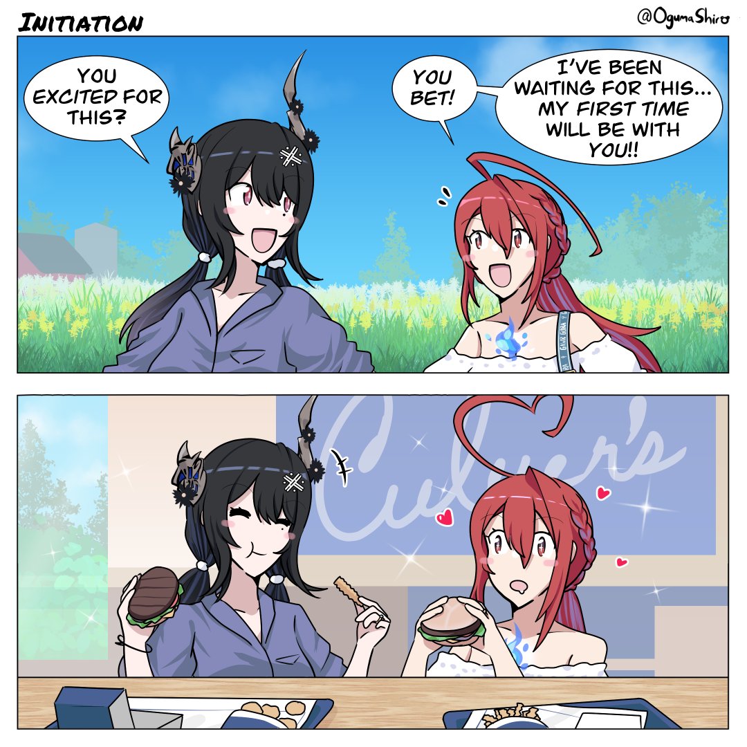 oguma shiro, elizabeth rose bloodflame, nerissa ravencroft, hololive, hololive english, 2girls, burger, culver's, food, french fries, long hair, multiple girls, virtual youtuber