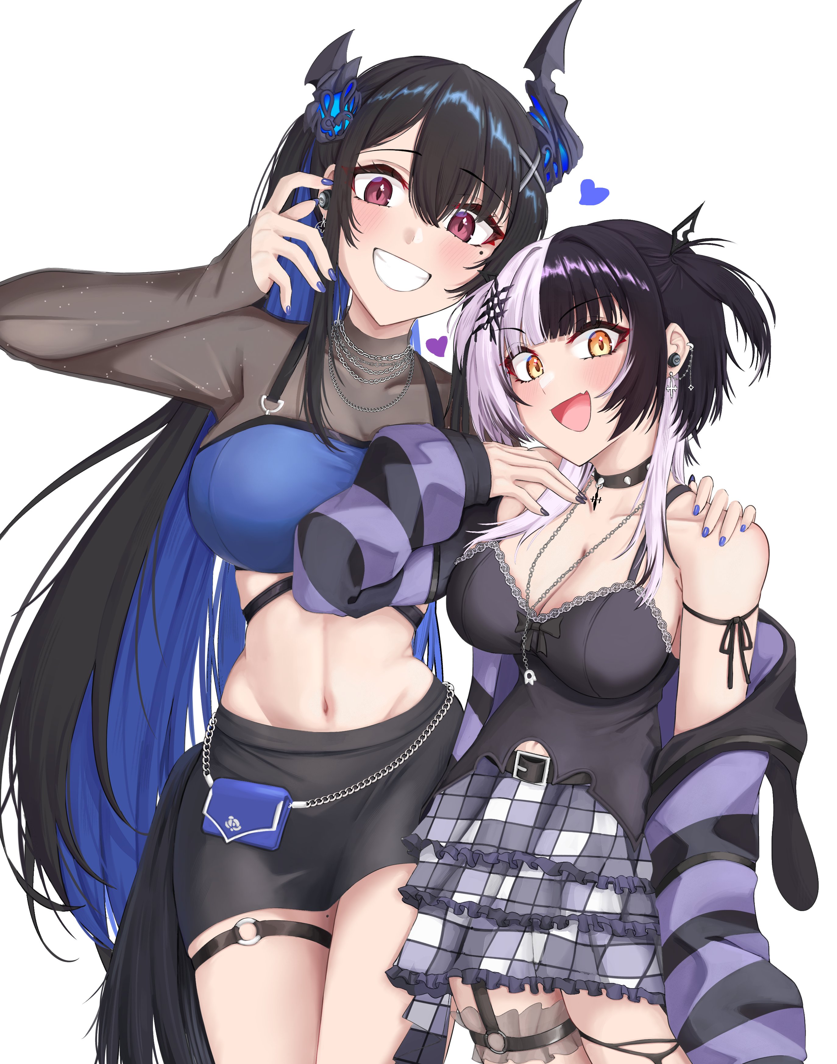 mmneko, nerissa ravencroft, shiori novella, hololive, hololive english, absurdres, highres, 2girls, alternate costume, arm strap, asymmetrical horns, belt, black belt, black choker, black hair, black jacket, black shirt, black skirt, blue hair, breasts, choker, cleavage, colored inner hair, crop top, demon horns, ear piercing, grey hair, grey skirt, grin, heart, horns, jacket, jewelry, large breasts, layered skirt, long hair, looking at viewer, miniskirt, multicolored hair, multicolored jacket, multiple girls, navel, necklace, open mouth, piercing, purple eyes, purple jacket, shirt, skirt, smile, spiked choker, spikes, split-color hair, striped clothes, striped jacket, teeth, two-tone hair, two-tone jacket, virtual youtuber, yellow eyes