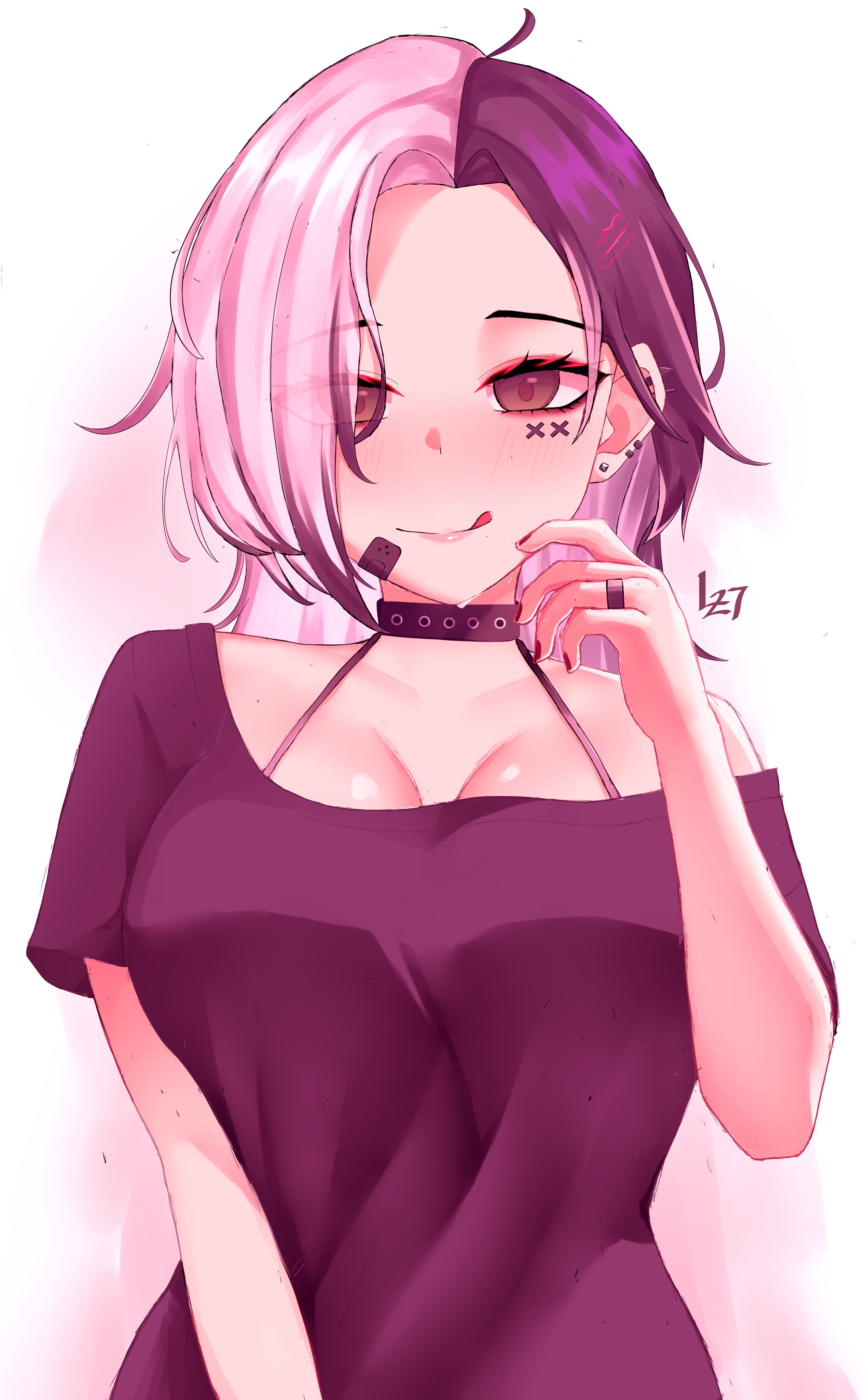 lyska27, shiori novella, hololive, hololive english, absurdres, commentary, english commentary, highres, 1girl, :q, bandaid, bandaid on face, black eyes, breasts, collar, ear piercing, facial mark, large breasts, long hair, looking at viewer, multicolored hair, piercing, pink hair, purple hair, purple shirt, shirt, solo, split-color hair, tongue, tongue out, two-tone hair, virtual youtuber, x (symbol), x facial mark
