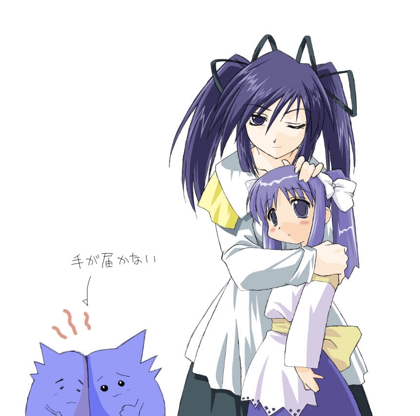 kuro (ukagaka), sakura (ukagaka), unyuu, ukagaka, 2girls, blue hair, blush, hand on another's head, hug, looking afar, looking at viewer, multiple girls, one eye closed, simple background, twintails