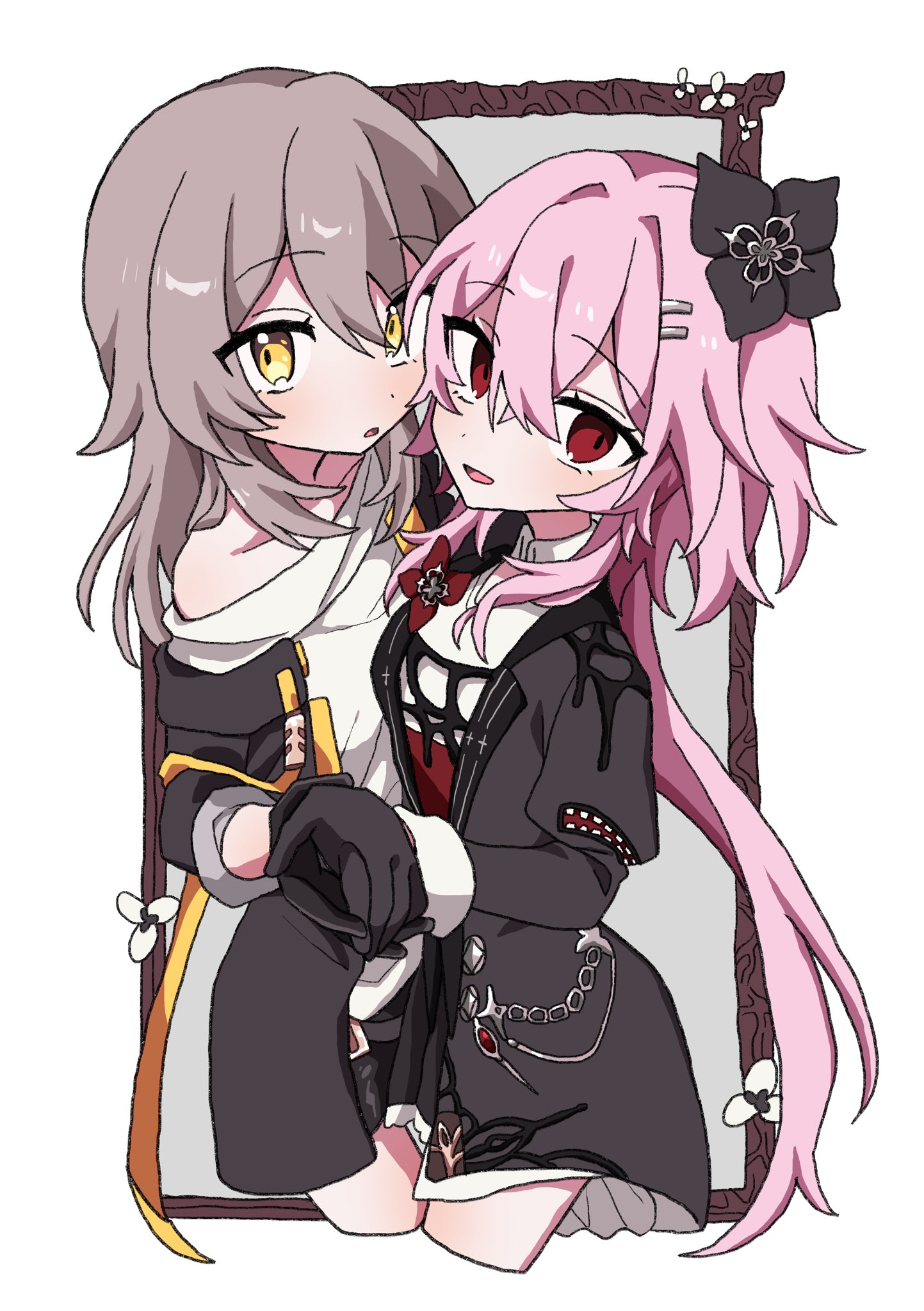 tablesando gnsn, evernight (honkai: star rail), march 7th (honkai: star rail), stelle (honkai: star rail), trailblazer (honkai: star rail), honkai: star rail, honkai (series), highres, 2girls, black coat, black dress, black flower, black gloves, coat, dress, flower, gloves, grey hair, hair flower, hair ornament, holding hands, layered dress, long hair, looking at viewer, multiple girls, pink hair, red eyes, shirt, white dress, white shirt, yellow eyes