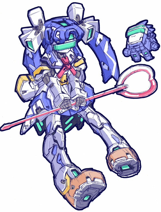 kakoi kazuhiko, sakura (ukagaka), unyuu, ukagaka, virtual on, 1girl, creature, full body, mecha musume, mechanization, pigeon-toed, simple background, twintails, v arms, wand
