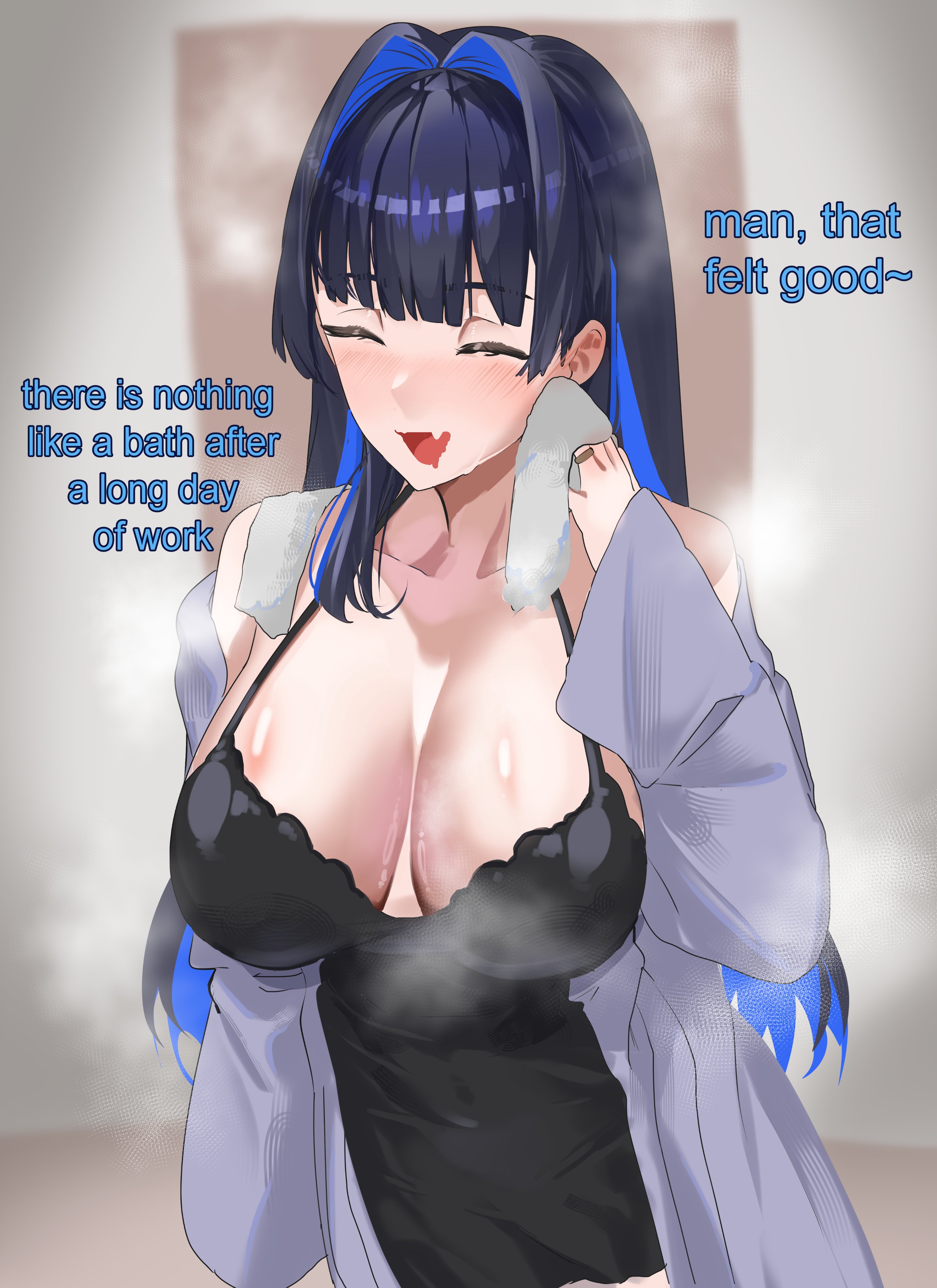 daaku (koizumi arata), ouro kronii, hololive, hololive english, absurdres, commentary, english commentary, highres, 1girl, after bathing, alternate costume, black hair, black nightgown, blue hair, breasts, closed eyes, colored inner hair, english text, grey robe, hair intakes, large breasts, long hair, multicolored hair, nightgown, open mouth, robe, solo, steam, virtual youtuber