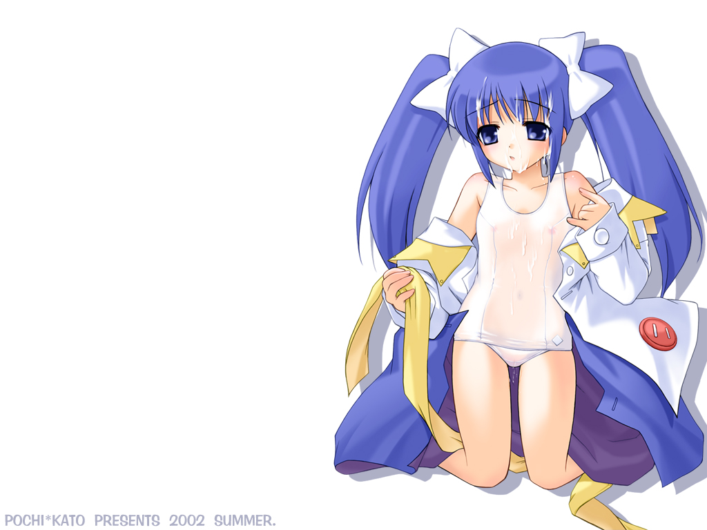 pochi katou, sakura (ukagaka), ukagaka, 1girl, aftersex, blue eyes, blue hair, blush, bow, bukkake, covered navel, cum, cum on body, cum on clothes, cum on hair, facial, female focus, flat chest, hair bow, kneeling, loli, long hair, matching hair/eyes, navel, nipples, off shoulder, one-piece swimsuit, open clothes, open mouth, open shirt, ribbon, school swimsuit, see-through clothes, shadow, shirt, short twintails, simple background, solo, swimsuit, swimsuit under clothes, twintails, undressing, white background, white one-piece swimsuit, white school swimsuit