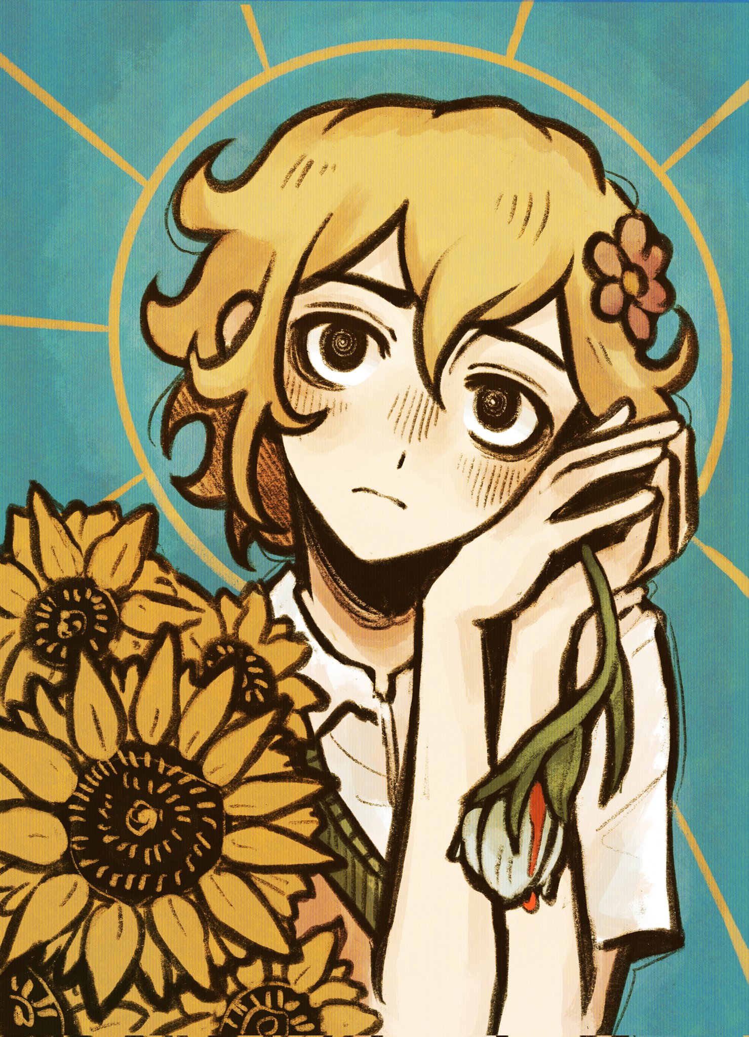 ottie pops, basil (faraway) (omori), basil (omori), omori, corrupted twitter file, highres, 1boy, alternate eye color, black eyes, blonde hair, closed mouth, collared shirt, flower, green sweater vest, hair flower, hair ornament, holding, holding flower, looking at viewer, male focus, shirt, short hair, short sleeves, sidelocks, solo, sunflower, sweater vest, upper body, white shirt