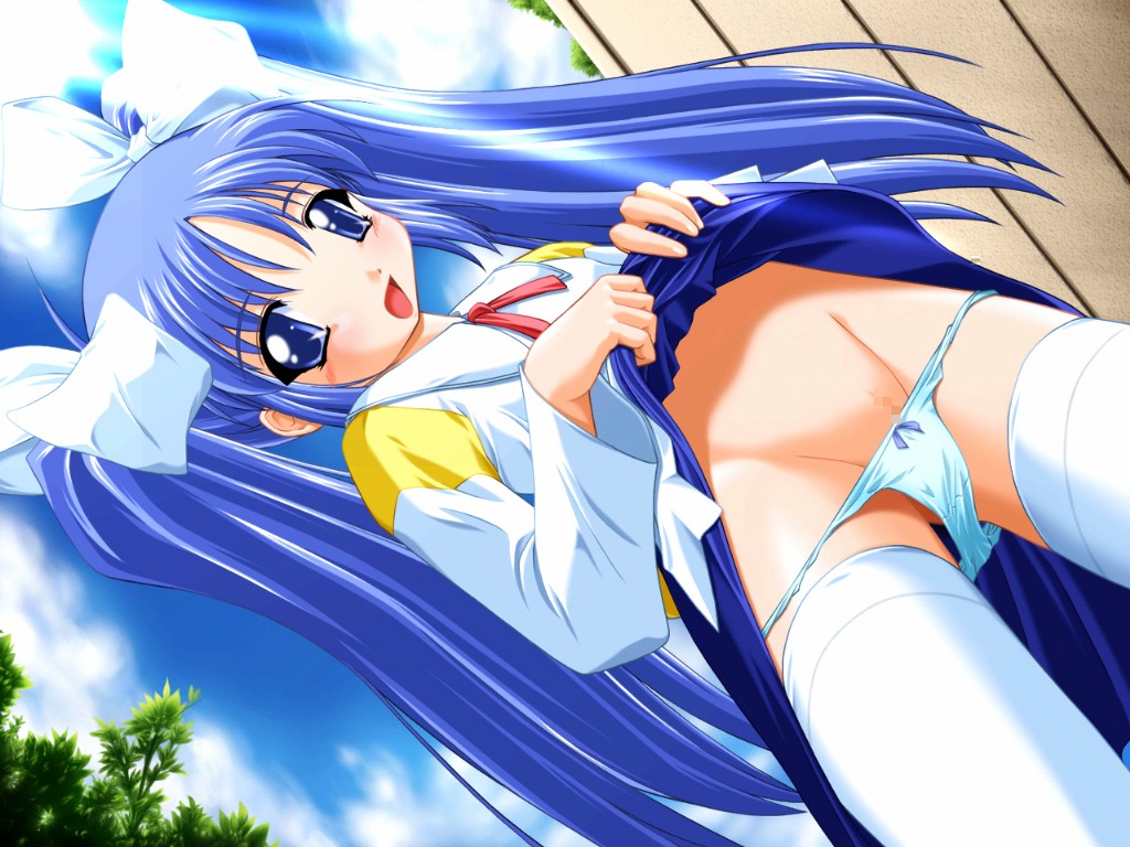 sakura (ukagaka), ukagaka, 1girl, blouse, blue eyes, blue hair, blue panties, blush, bow, bow panties, censored, clothes lift, dutch angle, female focus, hair ribbon, lifting own clothes, lowleg, lowleg panties, matching hair/eyes, mosaic censoring, panties, panty pull, pussy, pussy peek, ribbon, shirt, skirt, skirt lift, solo, standing, thighhighs, twintails, underwear, white thighhighs