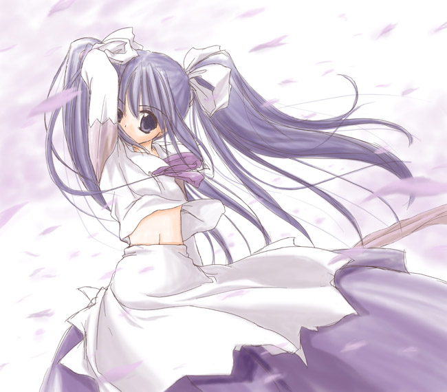 nakajima yuka, sakura (ukagaka), ukagaka, 1girl, arm up, blue hair, female focus, hair ribbon, long hair, midriff, petals, purple eyes, purple hair, ribbon, solo, twintails, wind