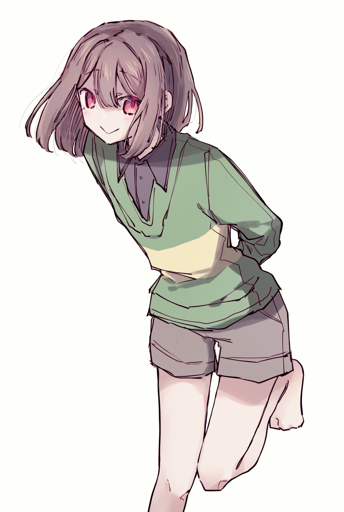 chara (undertale), undertale, utdr (toby fox), highres, 1other, androgynous, arms behind back, barefoot, brown hair, brown shorts, green sweater, leaning forward, looking at viewer, okura 0915, red eyes, short hair, shorts, simple background, striped clothes, striped sweater, sweater, two-tone sweater, white background
