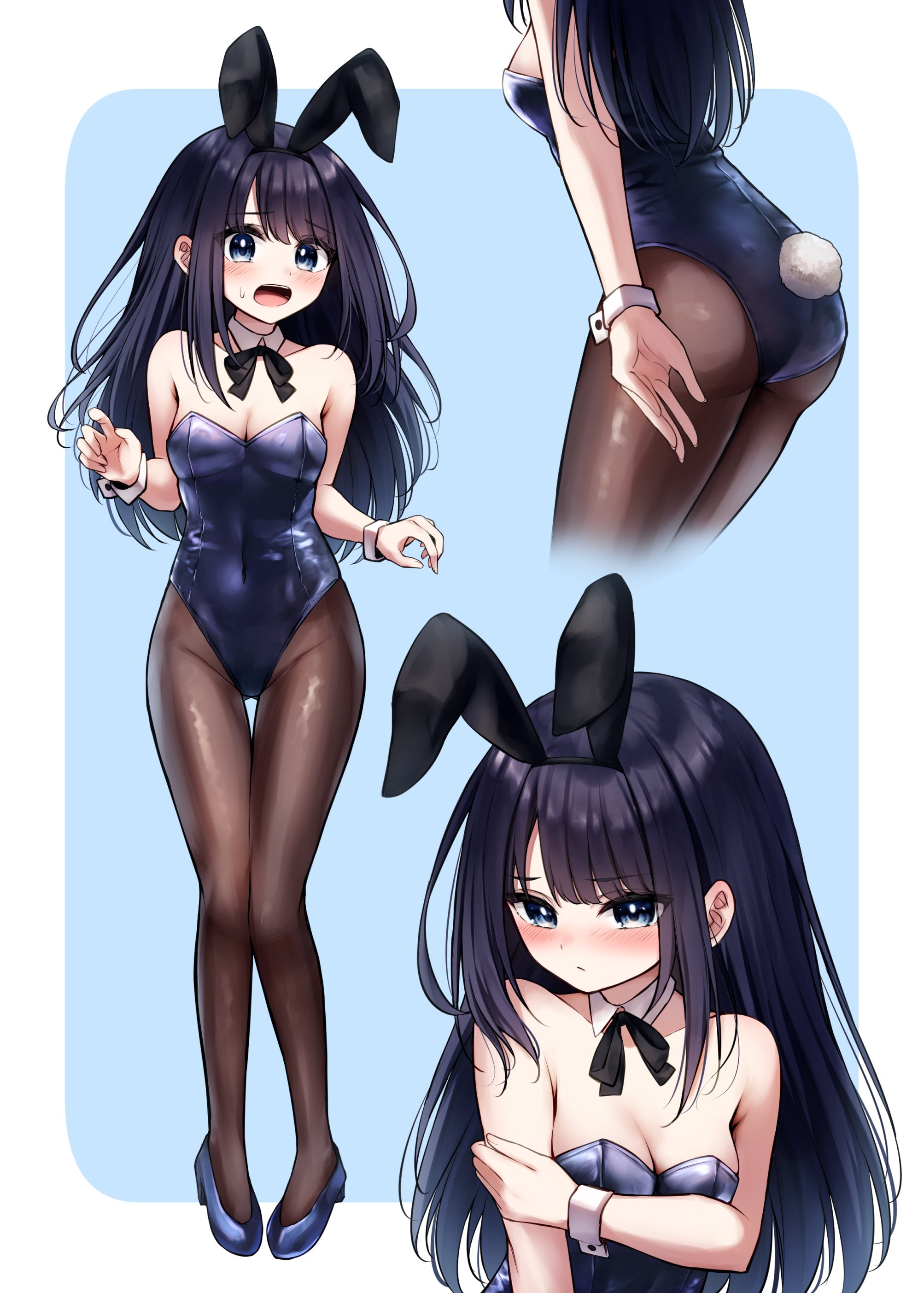 shishou (doragyurosu), original, absurdres, highres, 1girl, animal ear hairband, animal ears, bare shoulders, black hair, black pantyhose, blue eyes, blue leotard, blush, breasts, bunny day, cleavage, embarrassed, fake animal ears, hairband, leotard, long hair, multiple views, open mouth, pantyhose, playboy bunny, rabbit tail, small breasts, solo, tail