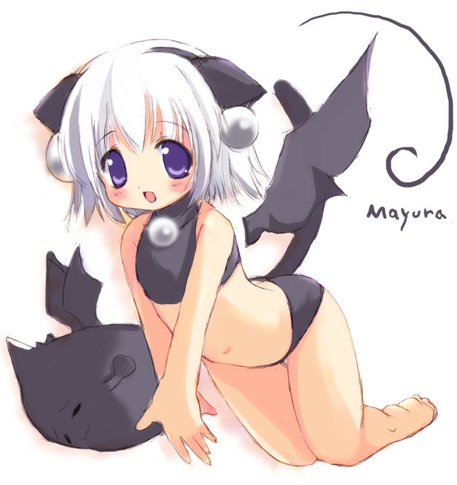 kuro unyuu, mayura, ukagaka, 1girl, animal ears, bent over, bikini, black bikini, blush, female focus, flat chest, navel, open mouth, purple eyes, short hair, solo, swimsuit, tail, tankini, white hair, wings