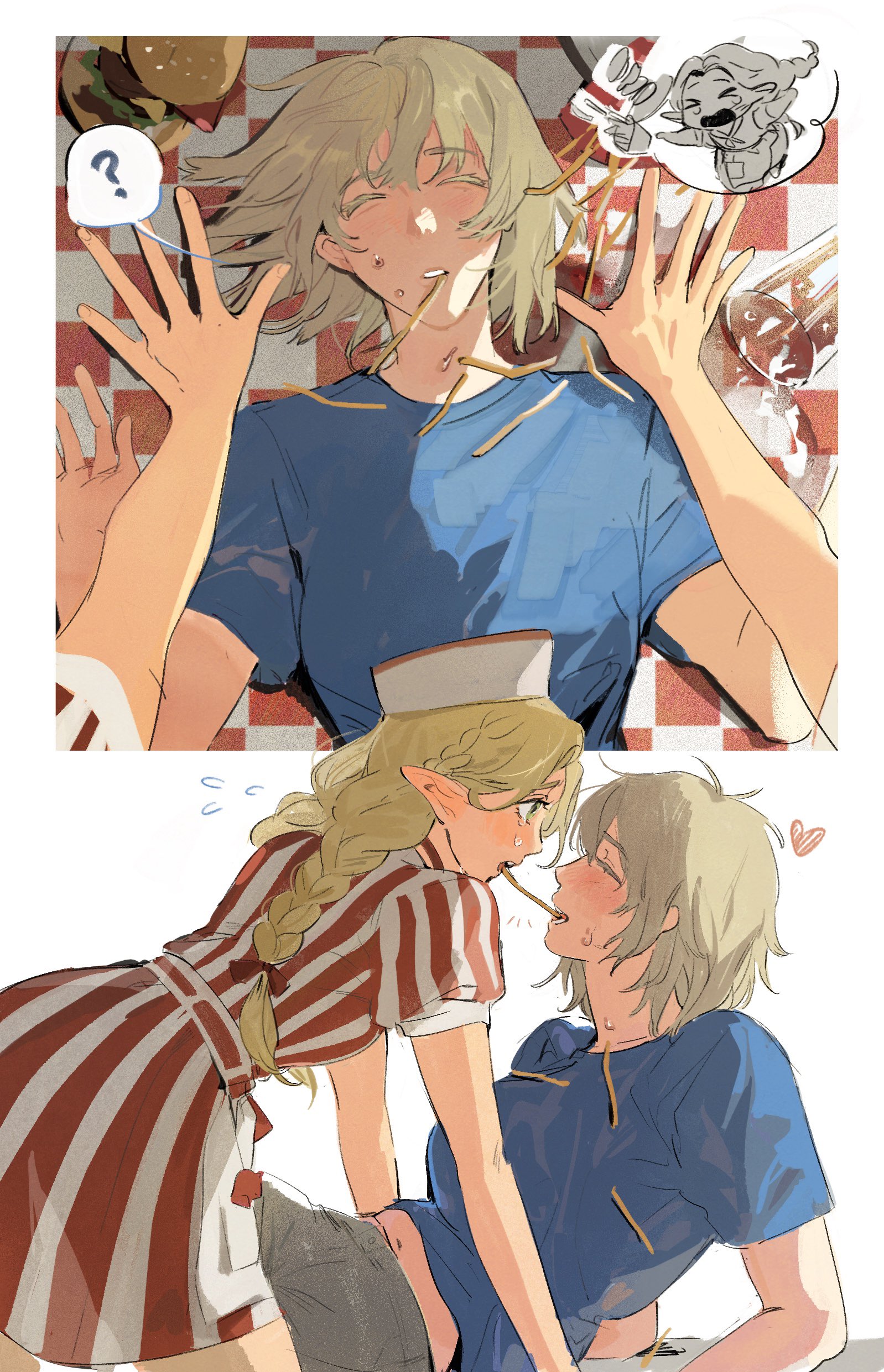 22 (22mimi2434), falin touden, marcille donato, dungeon meshi, absurdres, commentary, hashtag-only commentary, highres, 2girls, blonde hair, blue eyes, blue shirt, burger, closed eyes, dress, elf, flying sweatdrops, food, french fries, grey hair, hat, heart, multiple girls, parted lips, pointy ears, red dress, shirt, short hair, striped clothes, striped dress, tears, white dress, white hat, yuri