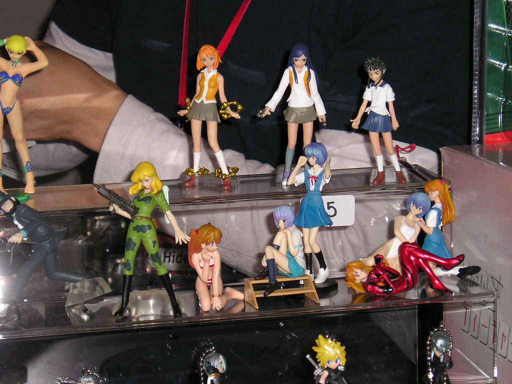motoko, ayanami rei, cloud strife, jigen daisuke, kadaj, kuga natsuki, loz, minagi mikoto, mine fujiko, souryuu asuka langley, tokiha mai, yazoo, final fantasy, final fantasy vii, final fantasy vii advent children, londonexpo, lupin iii, my-hime, neon genesis evangelion, tms entertainment, black footwear, grey legwear, silver hair, white legwear, annotation request, character request, photo (medium), 00s, 1990s (style), 5boys, 6+girls, anklet, armpits, bandeau, barefoot, beard, belt, bikini, black hair, blonde hair, blue hair, bodysuit, boots, bracelet, breasts, brown hair, camouflage, choker, crossover, facial hair, figure, flat chest, formal clothes, full body, gun, hair ornament, hat, hat over eyes, interface headset (evangelion), jewelry, knee boots, kneehighs, kneeling, loafers, long hair, lying, mecha pilot suit, miniskirt, multiple boys, multiple girls, on back, one-piece swimsuit, orange hair, pleated skirt, plugsuit (evangelion), retro artstyle, rifle, running, school uniform, serafuku, shiny clothes, shoes, short hair, sitting, skirt, small breasts, socks, spiked hair, spread legs, standing, striped bikini, striped clothes, striped one-piece swimsuit, suit, swimsuit, sword, weapon, white one-piece swimsuit