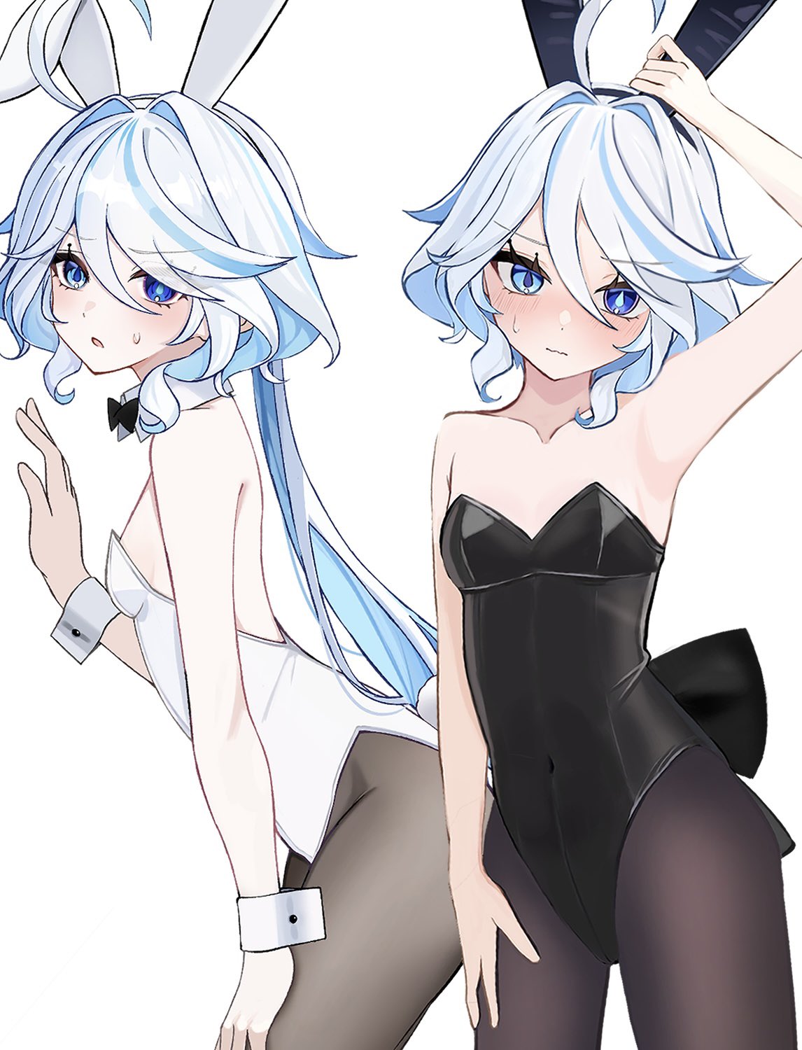 furina (genshin impact), genshin impact, highres, 2girls, animal ear hairband, animal ears, black hairband, black leotard, black pantyhose, blue eyes, breasts, bunny day, detached collar, drop-shaped pupils, dual persona, fake animal ears, hairband, heterochromia, irodo 1024, leotard, multicolored hair, multiple girls, pantyhose, playboy bunny, simple background, small breasts, streaked hair, symbol-shaped pupils, white background, white hair, white hairband, white leotard, wrist cuffs