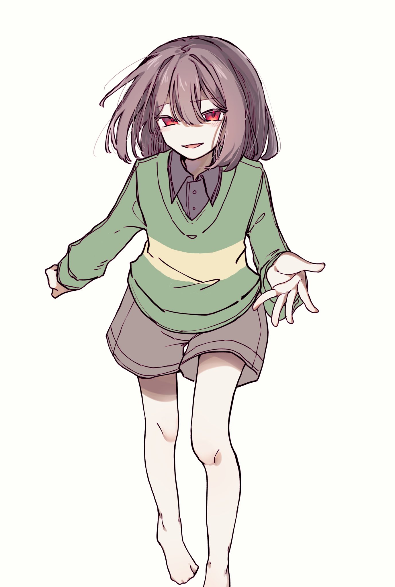 chara (undertale), undertale, utdr (toby fox), highres, 1other, androgynous, barefoot, brown hair, brown shorts, green sweater, leaning forward, looking at viewer, okura 0915, outstretched hand, parted lips, red eyes, shorts, simple background, smile, solo, striped clothes, striped sweater, sweater, two-tone sweater, white background