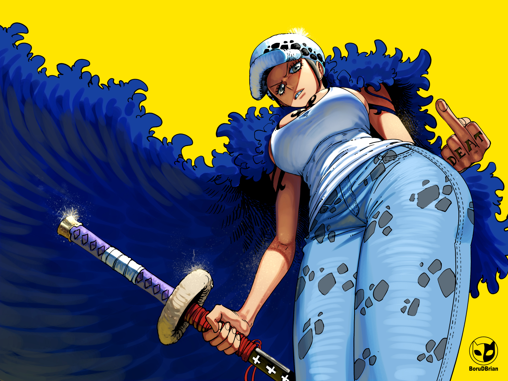 borudbrian, law-chan, trafalgar law, one piece, commentary, english commentary, highres, 1girl, arm tattoo, black hair, blue cape, blue pants, breast tattoo, breasts, cape, denim, finger tattoo, from below, fur cape, fur hat, genderswap, genderswap (mtf), grey eyes, hat, holding, holding sheath, jeans, large breasts, middle finger, pants, sheath, simple background, solo, tank top, tattoo, white hat, white tank top, yellow background