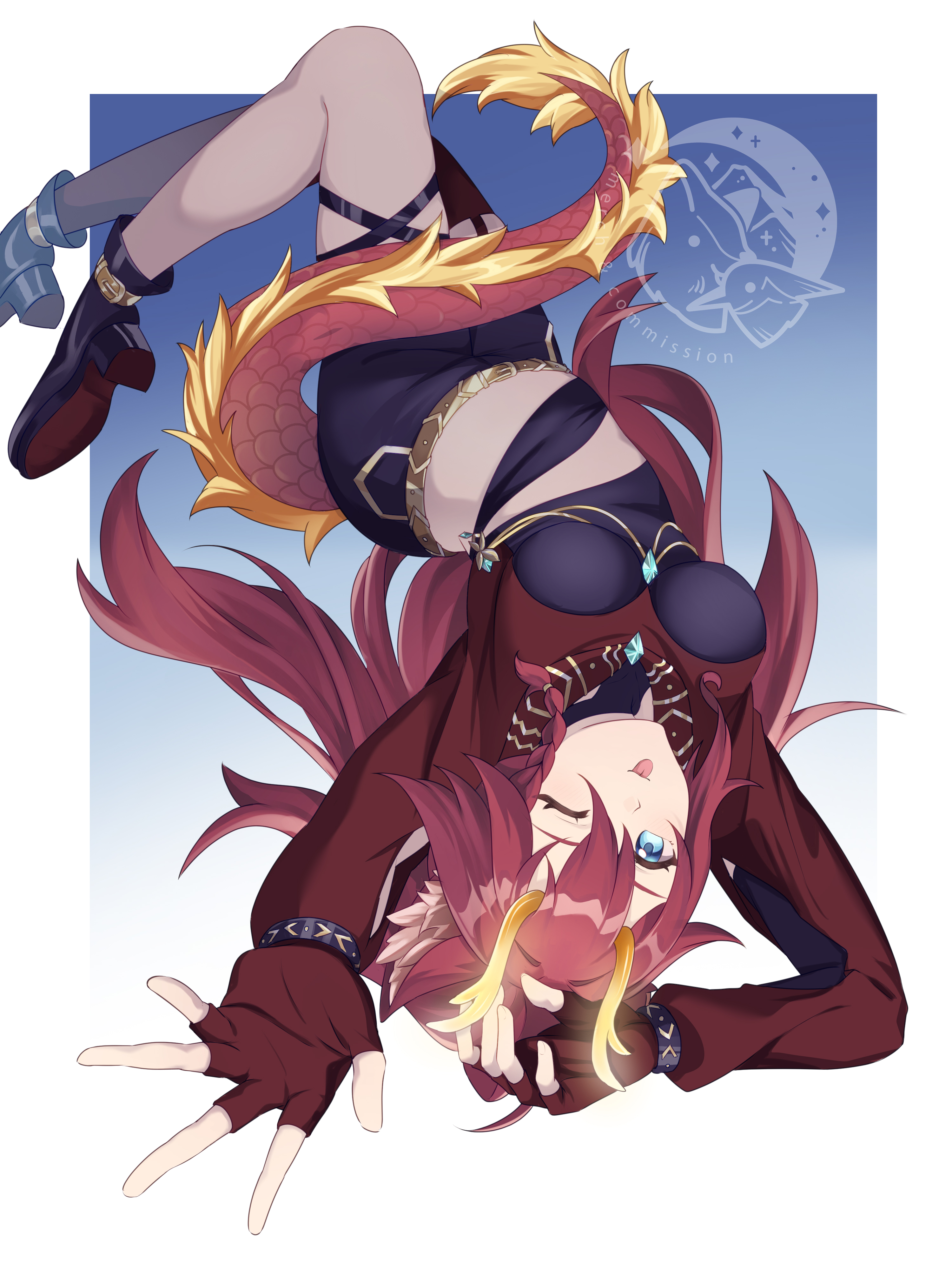 original, absurdres, commission, highres, vgen commission, 1girl, belt, black bra, blue eyes, bra, braid, canaliya, dragon tail, fang, full body, horns, long hair, one eye closed, red hair, shorts, signature, tail, tongue, tongue out, underwear, watermark