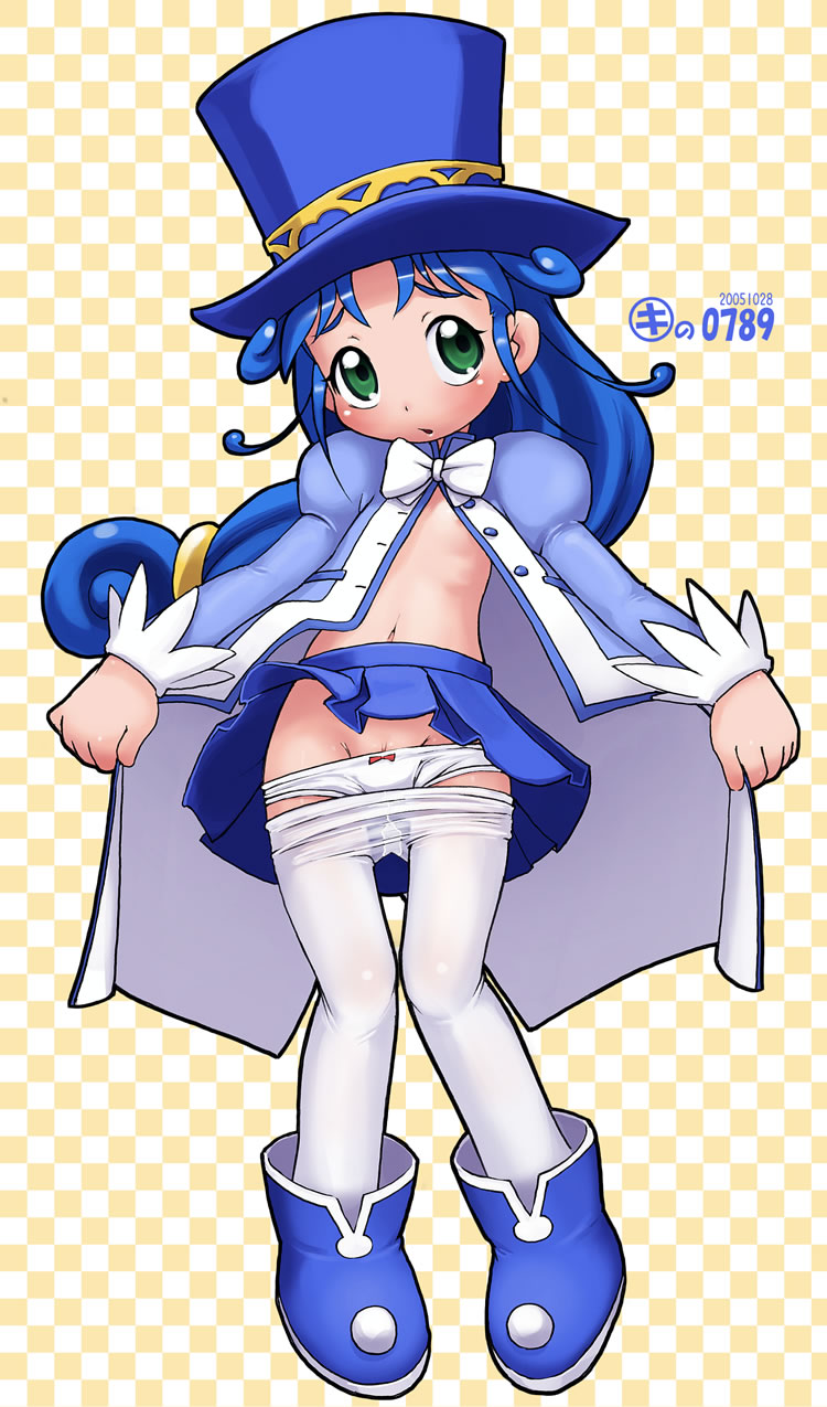 kei jiei, rein (futagohime), fushigiboshi no futago hime, highres, 00s, 1girl, blue hair, blush, clothes pull, female focus, green eyes, gusset, loli, panties, pantyhose, pantyhose pull, pussy, pussy peek, skirt, solo, underwear, white pantyhose
