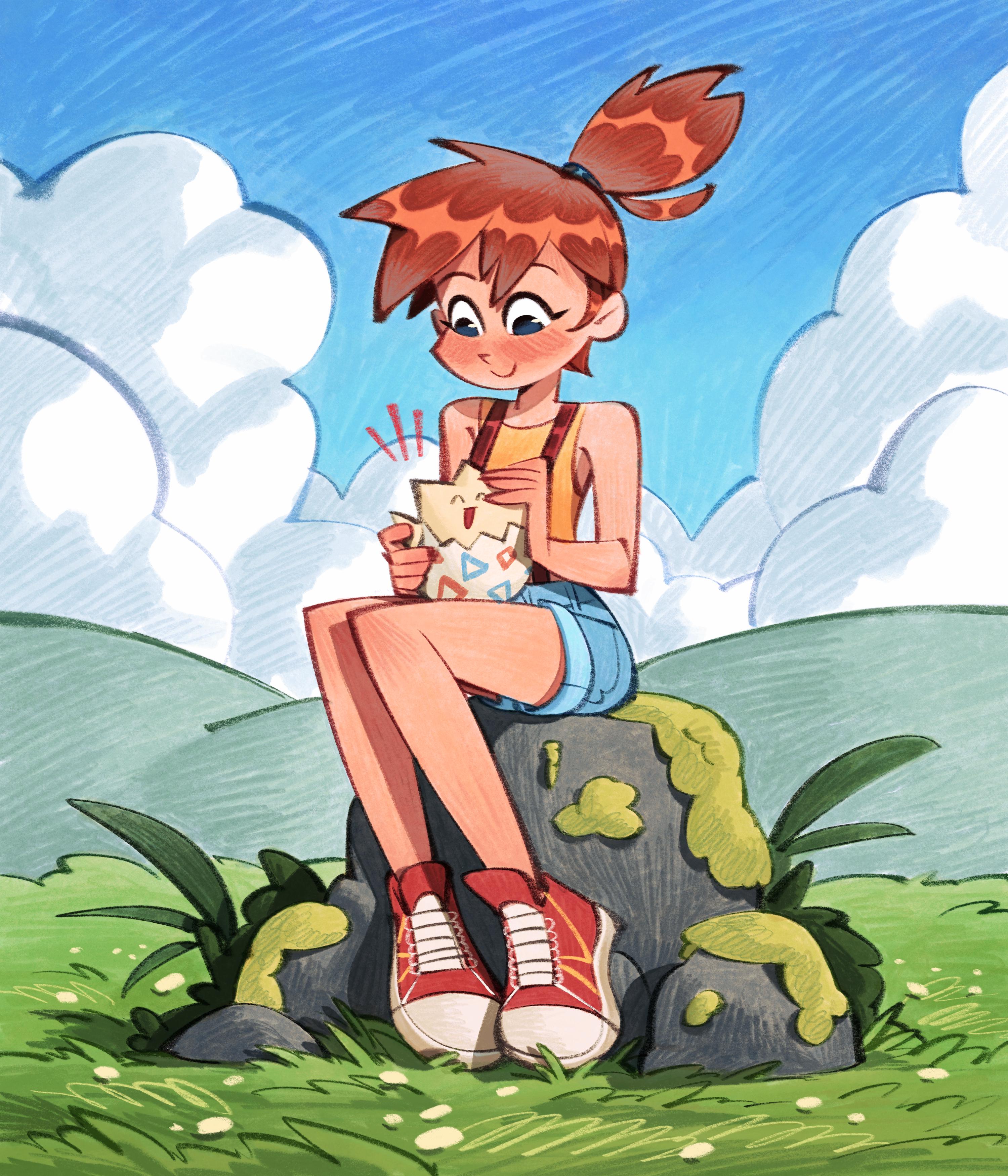 misty (pokemon), togepi, nintendo, pokemon, pokemon (anime), pokemon (classic anime), pokemon rgby, highres, 1girl, asymmetrical hair, bag, bare arms, bare shoulders, blue eyes, blue shorts, blue sky, blush, brown hair, closed mouth, cloud, day, denim, denim shorts, eyelashes, gen 2 pokemon, grass, hair tie, happy, holding, legs together, looking down, moss, notice lines, on lap, orange hair, outdoors, paper bag, ponytail, rock, rotherfordmdayum, shirt, shoes, short shorts, shorts, side ponytail, sitting, sitting on rock, sky, sleeveless, sleeveless shirt, smile, sneakers, solo, suspender shorts, suspenders, tank top, tree stump, yellow shirt, yellow tank top