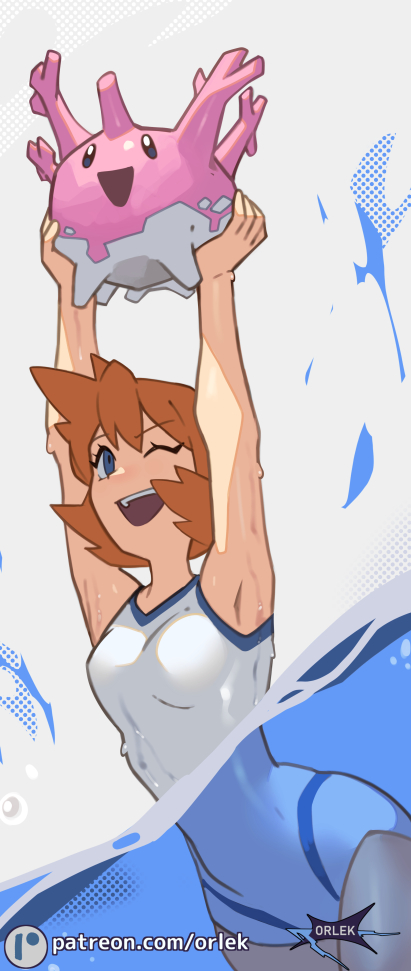 orlek, corsola, misty (pokemon), nintendo, pokemon, pokemon gsc, pokemon hgss, 1girl, ;d, armpits, arms up, blue eyes, breasts, bubble, competition swimsuit, covered navel, creature, gen 2 pokemon, happy, holding, holding creature, holding pokemon, medium breasts, navel, one-piece swimsuit, one eye closed, open mouth, orange hair, partially submerged, pokemon (creature), short hair, smile, swimsuit, teeth, tongue, upper teeth only, wading, water, wet, white one-piece swimsuit, wink