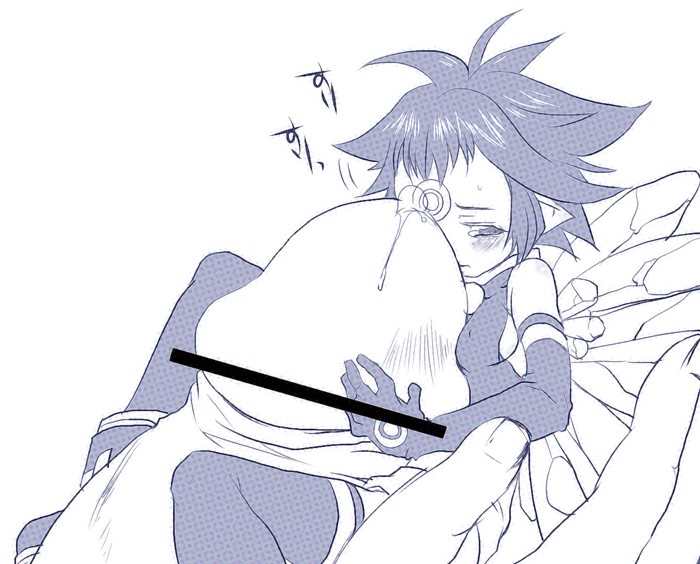 ichimai ugou, crith, shinrabanshou, 1girl, bar censor, censored, chris (shinrabanshou), fairy, forced, koonago, mini person, minigirl, monochrome, penis, penis hug, pointless censoring, pointy ears, size difference, solo, solo focus, tears, white background, wings