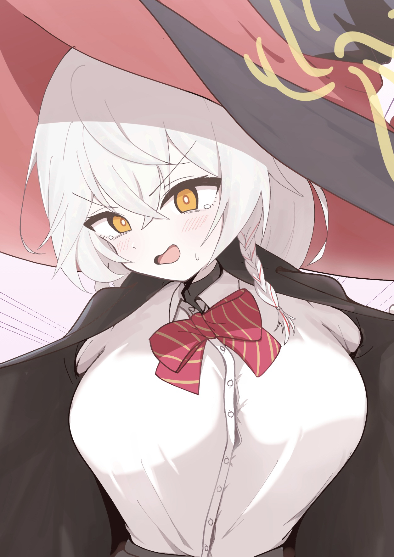 eri (blue archive), blue archive, bow, bowtie, braid, breasts, embarrassed, halo, hat, jacket, large breasts, long coat, long hair, open clothes, open jacket, orange eyes, shirt, skirt, sweater, white hair, witch hat