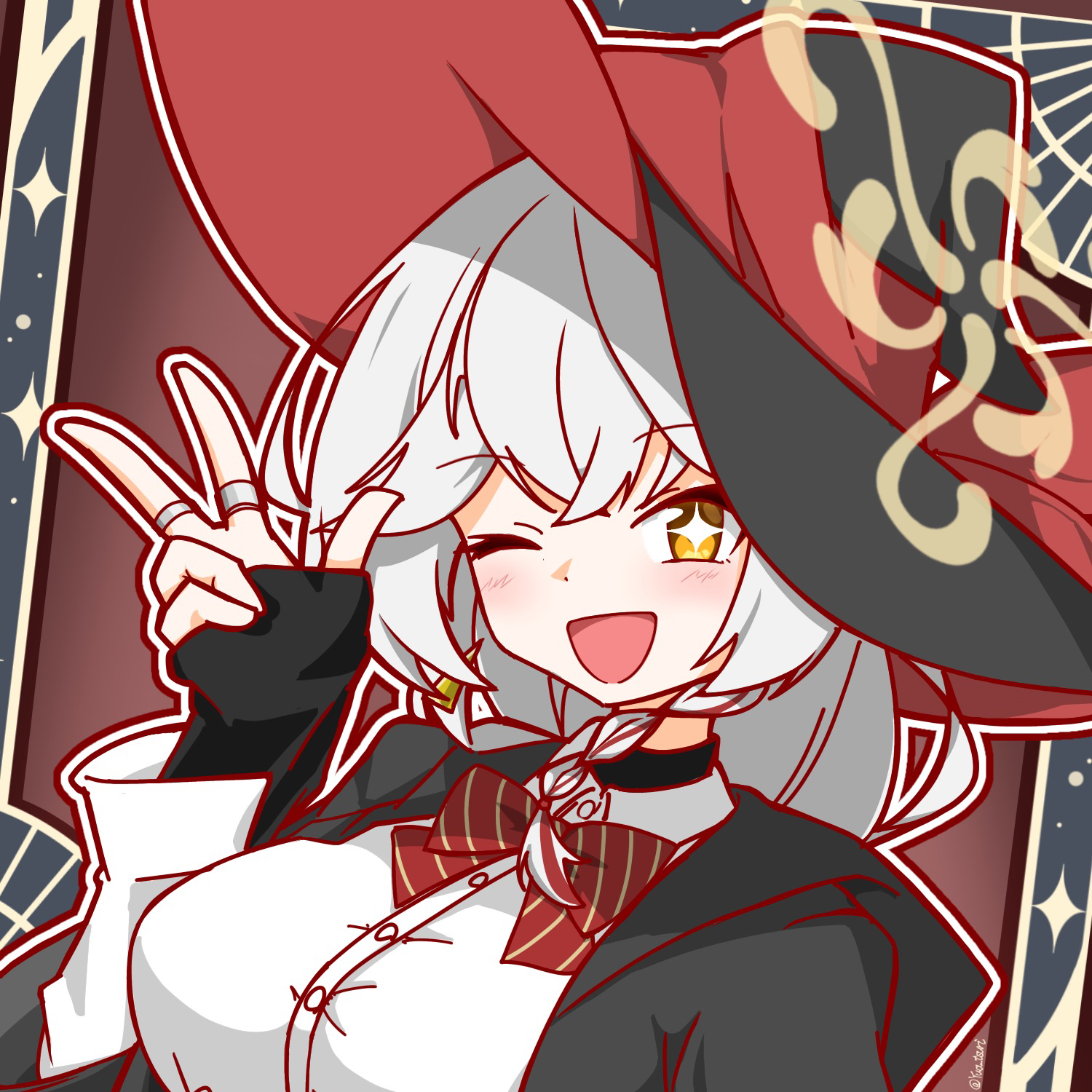 eri (blue archive), blue archive, upperbody, bow, bowtie, braid, earrings, halo, hat, jacket, jewelry, long coat, long hair, one eye closed, orange eyes, ring, shirt, skirt, sleeves past wrists, sparkling eyes, sweater, white hair, wink, witch hat
