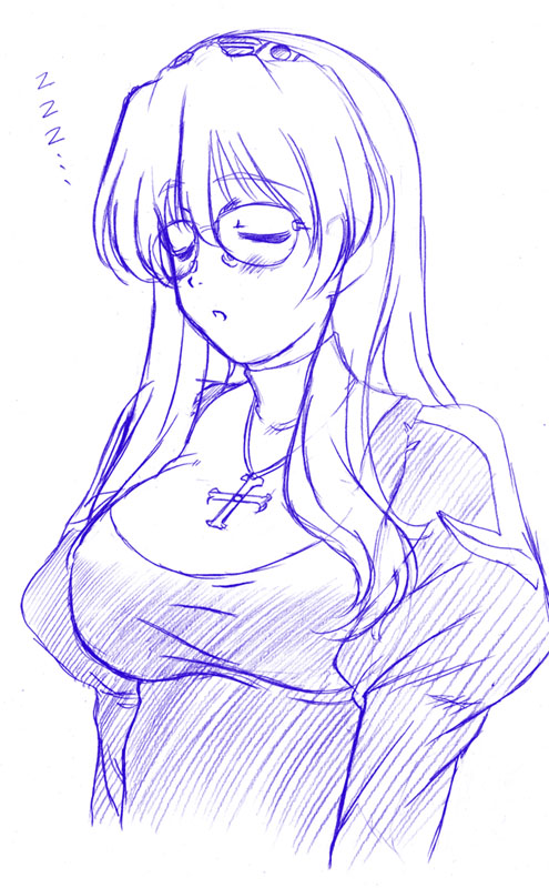 kamia (not found), priest (ragnarok online), sugino miyo, original, ragnarok online, 1girl, blush, cosplay, cross, cross moline, female focus, glasses, long hair, monochrome, priest, priest (ragnarok online) (cosplay), priestess, sleeping, solo, zzz