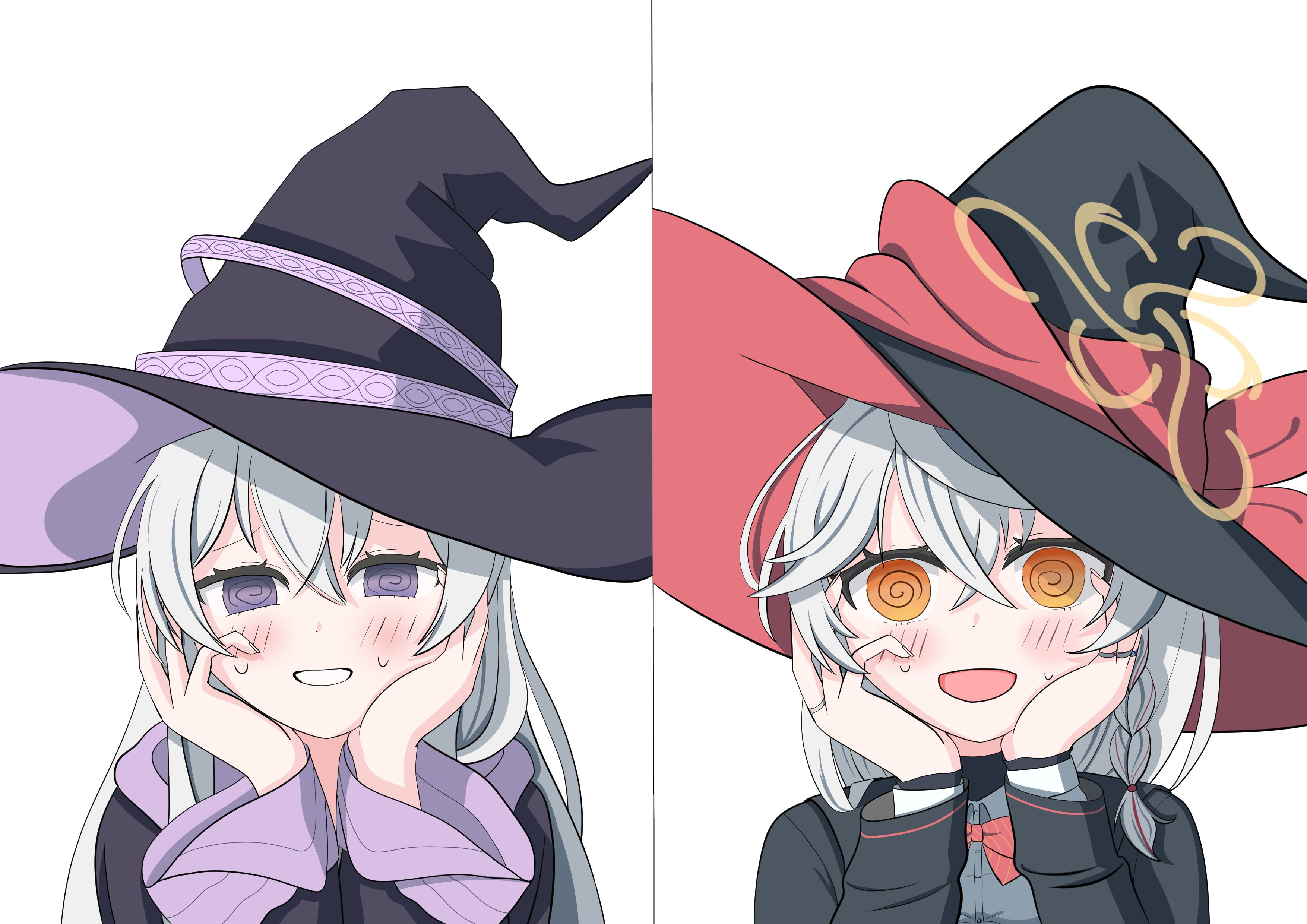 elaina (majo no tabitabi), eri (blue archive), blue archive, majo no tabitabi, @ @, blush stickers, bow, bowtie, braid, halo, hands on own face, hat, jacket, long coat, long hair, orange eyes, purple eyes, shirt, sweater, white hair, witch hat