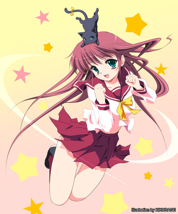 kikurage (plastic people), to heart (series), to heart 2, 00s, 1girl, :d, animal, animal on head, artist name, black shoes, blue eyes, blush, cat, cat on head, clenched hands, female focus, floating hair, full body, gradient background, green eyes, head tilt, jumping, kneehighs, long hair, long sleeves, looking at viewer, on head, open mouth, pink background, pleated skirt, red hair, red skirt, red socks, ribbon, sailor collar, school uniform, serafuku, shoes, simple background, skirt, smile, socks, solo, star (symbol), star symbol background, thigh gap, very long hair, yellow background, yellow ribbon