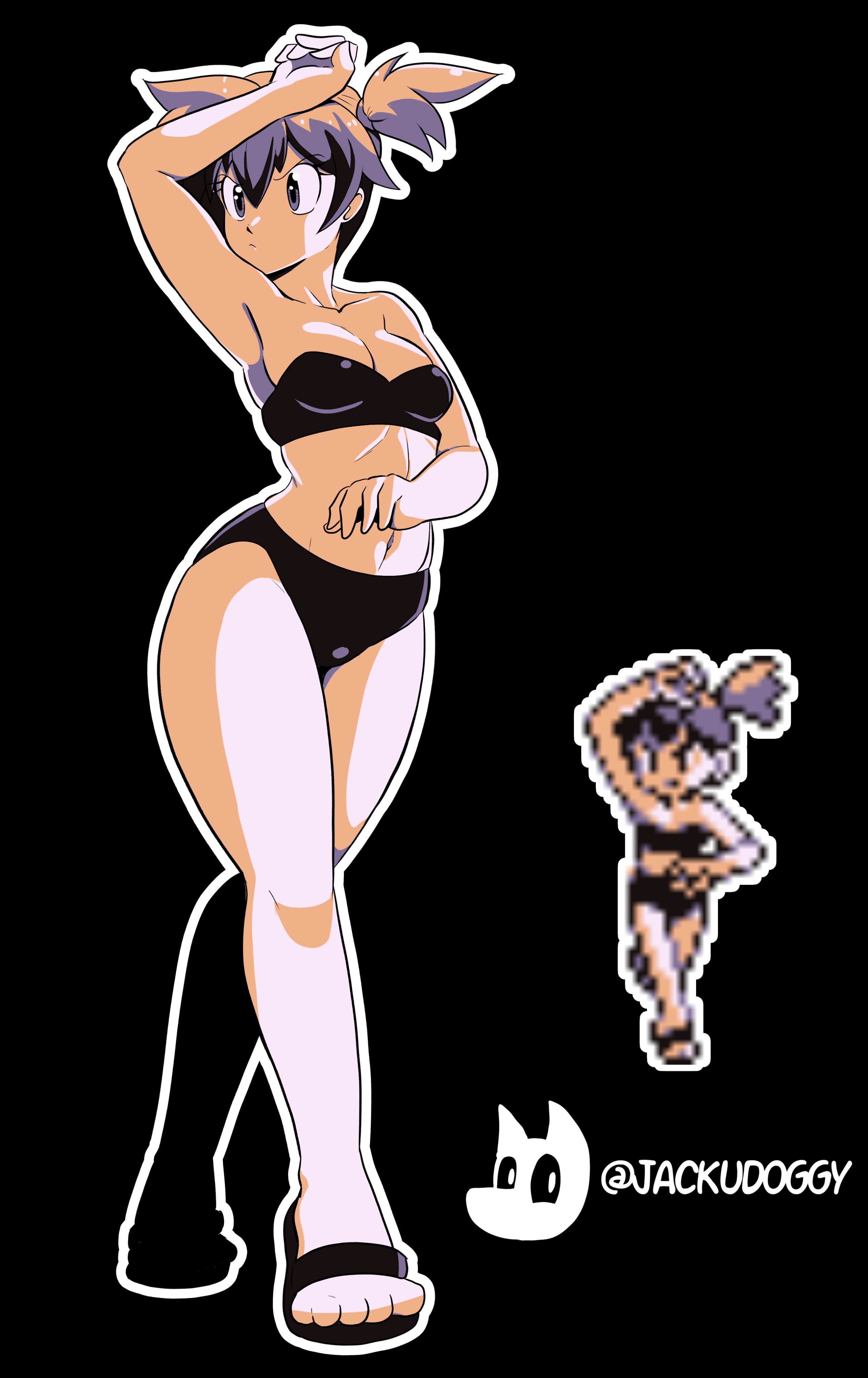 misty (pokemon), nintendo, pokemon, pokemon (anime), pokemon (classic anime), pokemon frlg, pokemon rgby, highres, 1girl, aged up, arm up, armpits, asymmetrical hair, bare arms, bare shoulders, bikini, black bikini, black eyes, breasts, brown hair, cleavage, closed mouth, collarbone, feet, hair tie, hand up, jackudoggy, knees, legs, looking to the side, medium breasts, navel, one-piece swimsuit, orange hair, ponytail, sandals, short hair, side ponytail, solo, standing, stomach, strapless, strapless bikini, strapless one-piece swimsuit, swimsuit, thighs, toes, walking