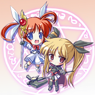 takoyaki (roast), bardiche (assault form) (nanoha), bardiche (nanoha), fate testarossa, fate testarossa (lightning form), raising heart, raising heart (accel mode), takamachi nanoha, takamachi nanoha (sacred mode), lyrical nanoha, mahou shoujo lyrical nanoha, lowres, 00s, 2girls, belt, blonde hair, bow, cape, chibi, chibi only, gloves, hexagram, magazine (weapon), magic circle, magical girl, multiple girls, orange hair, purple eyes, red bow, red eyes, red hair, single glove, thighhighs, twintails