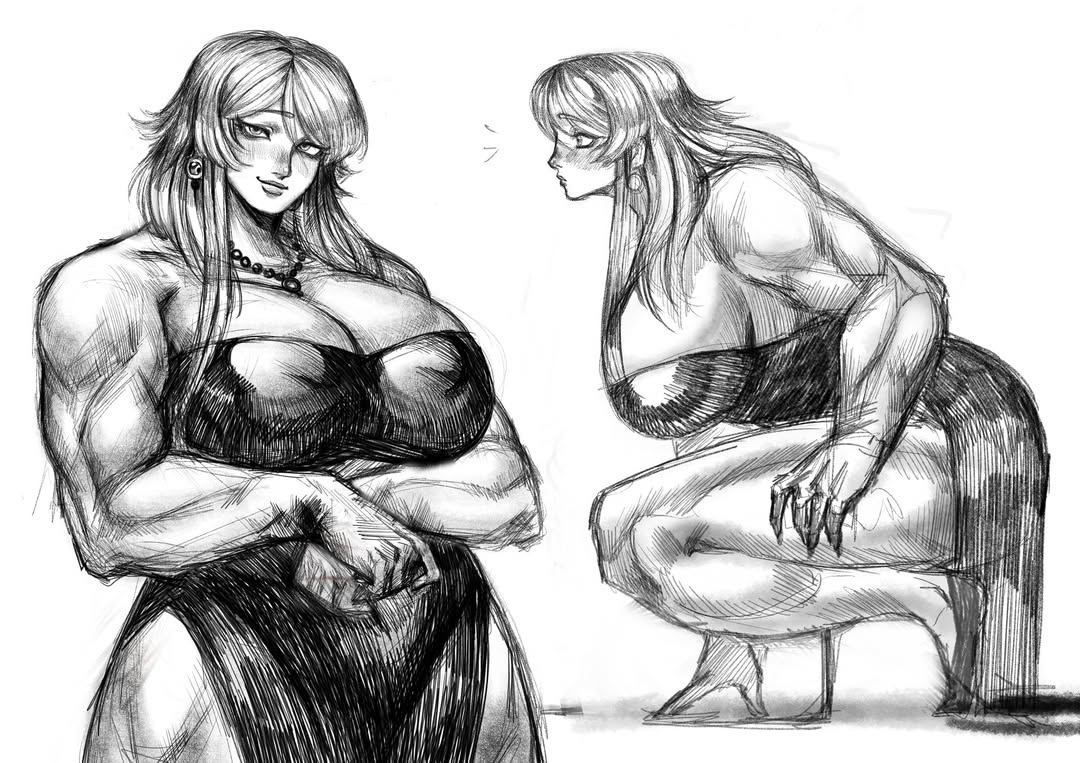 kitty920831mai, original, commentary, english commentary, variant set, 1girl, 2025, arm support, backless dress, backless outfit, bare shoulders, biceps, blush, breasts, cleavage, collarbone, crossed arms, dress, female focus, flats, from side, groin tendon, hair over shoulder, head tilt, huge breasts, jewelry, long hair, looking at viewer, matching, muscular, muscular female, muscular legs, necklace, notice lines, pearl necklace, shadow, side slit, sideboob, simple background, straight hair, thick thighs, thighs, white background