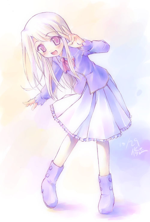 takoyaki (roast), illyasviel von einzbern, fate/stay night, fate (series), 00s, 1girl, blush, boots, female focus, leaning forward, purple boots, red eyes, skirt, smile, solo, v, white hair