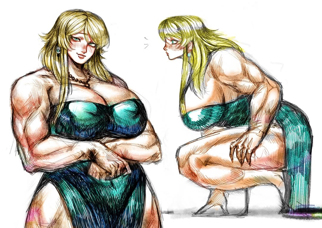 kitty920831mai, original, commentary, english commentary, variant set, 1girl, 2025, arm support, backless dress, backless outfit, bare shoulders, biceps, blonde hair, blush, breasts, cleavage, collarbone, crossed arms, dress, female focus, flats, from side, green dress, green eyes, groin tendon, hair over shoulder, head tilt, huge breasts, jewelry, long hair, looking at viewer, matching, muscular, muscular female, muscular legs, necklace, notice lines, pearl necklace, shadow, side slit, sideboob, simple background, straight hair, thick thighs, thighs, white background