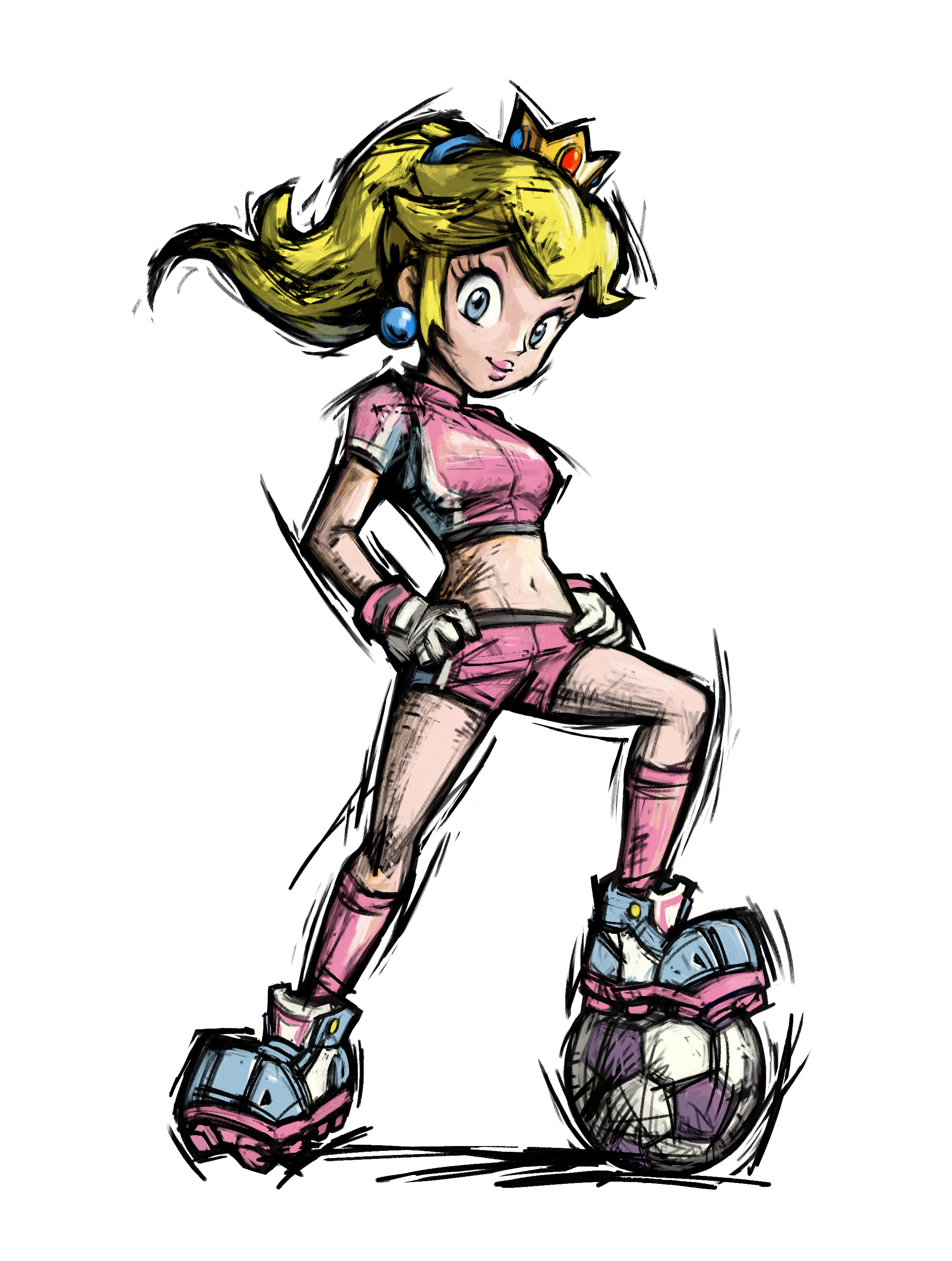 masanori sato, princess peach, striker peach, mario (series), mario strikers (series), mario strikers charged, nintendo, super mario strikers, absurdres, highres, official art, 1girl, alternate hairstyle, ball, bike shorts, blonde hair, blue eyes, cleats, crop top, crown, earrings, eyelashes, female focus, flipped hair, full body, gem, gloves, hair tie, hair up, hands on own hips, hat, high ponytail, jewelry, kneehighs, legs apart, light smile, lipstick, long hair, looking at viewer, makeup, midriff, navel, pink lips, pink socks, playing sports, ponytail, shoes, short sleeves, sidelocks, simple background, sketch, smile, sneakers, soccer, soccer ball, soccer uniform, socks, solo, sportswear, standing, telstar, turtleneck, white background, white gloves