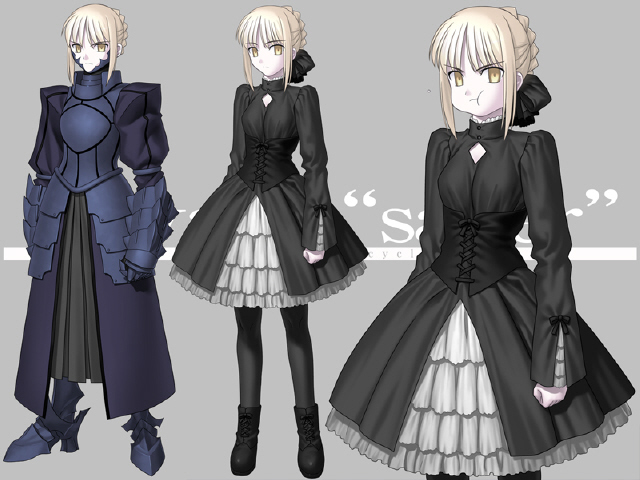 takeuchi takashi, artoria pendragon (fate), saber (fate), saber alter, saber alter (gothic lolita), saber alter (second ascension), fate/hollow ataraxia, fate/stay night, fate (series), duplicate, 00s, 1girl, armor, armored dress, blonde hair, darksaber, dress, gothic lolita, lolita fashion, multiple persona, official alternate costume, pantyhose, reference sheet