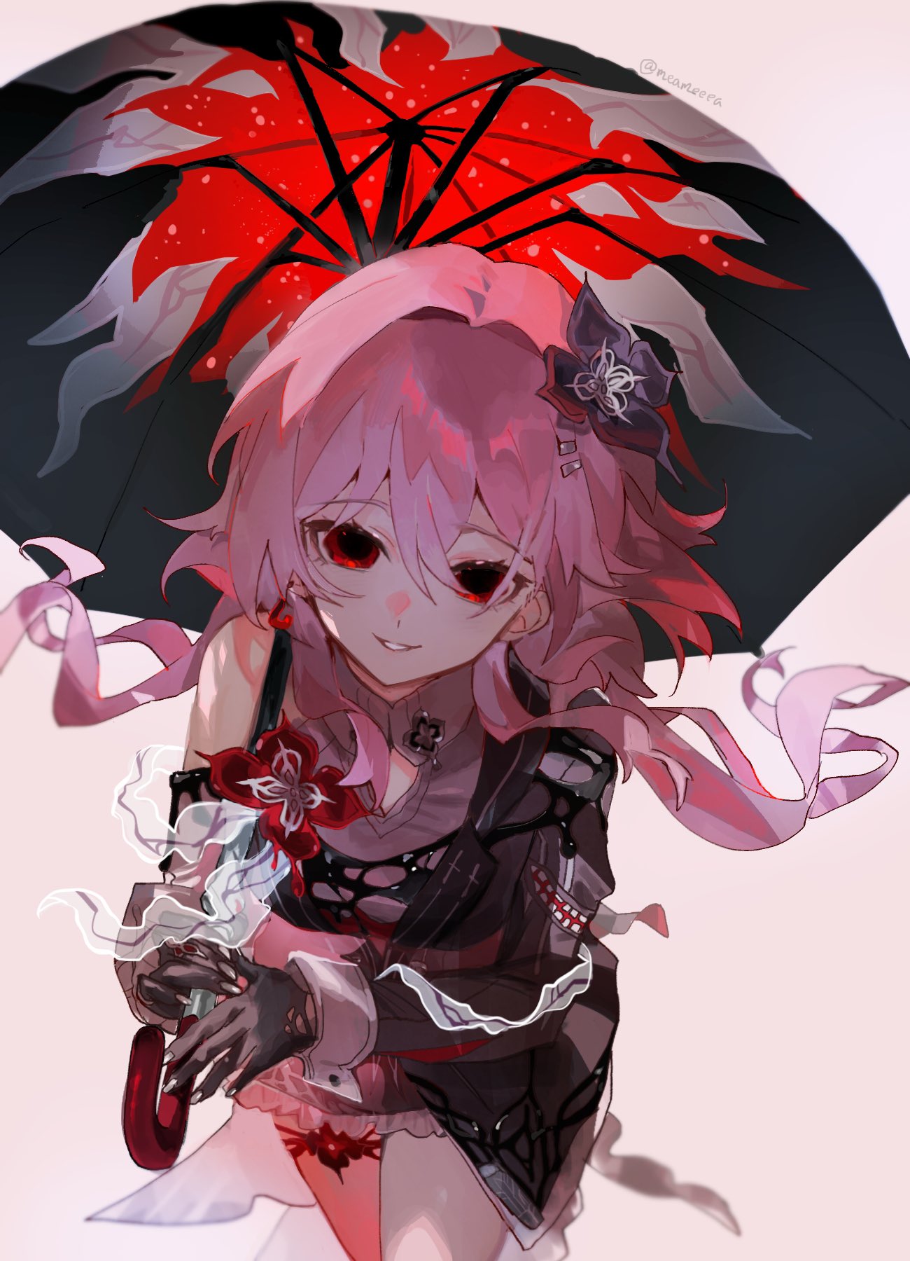 meameeea, evernight (honkai: star rail), march 7th (honkai: star rail), honkai: star rail, honkai (series), highres, 1girl, black dress, black flower, black gloves, black umbrella, dress, flower, gloves, hair flower, hair ornament, holding, holding umbrella, layered dress, long hair, multicolored dress, parted lips, pink hair, red eyes, single bare shoulder, smile, solo, umbrella, white dress