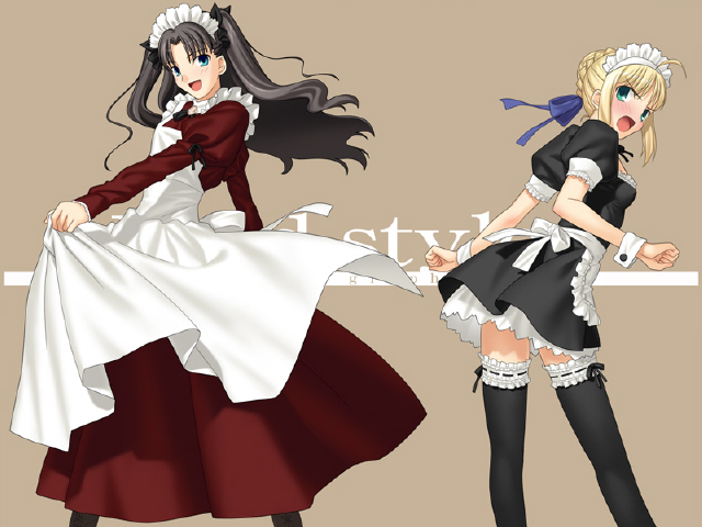 takeuchi takashi, artoria pendragon (fate), saber (fate), tohsaka rin, fate/hollow ataraxia, fate/stay night, fate (series), 00s, 2girls, black thighhighs, blonde hair, long legs, maid, multiple girls, official alternate costume, thighhighs, two side up
