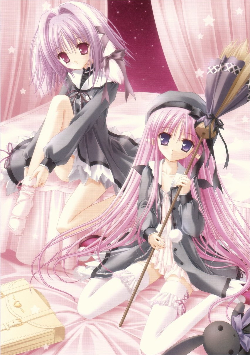 tinker bell (pixiv 10956015), farfa, sasha (magical tale), magical tale, frilled legwear, light purple hair, highres, 2girls, animal ears, bag, bed, bow, broom, chemise, cross-laced clothes, cross-laced legwear, dress, dressing, frills, hair ribbon, hat, long hair, multiple girls, pink eyes, pink hair, pointy ears, purple eyes, purple hair, rabbit, rabbit ears, ribbon, school bag, short hair, sitting, smile, socks, star (symbol), stuffed animal, stuffed rabbit, stuffed toy, thighhighs, very long hair, white thighhighs, witch, zettai ryouiki